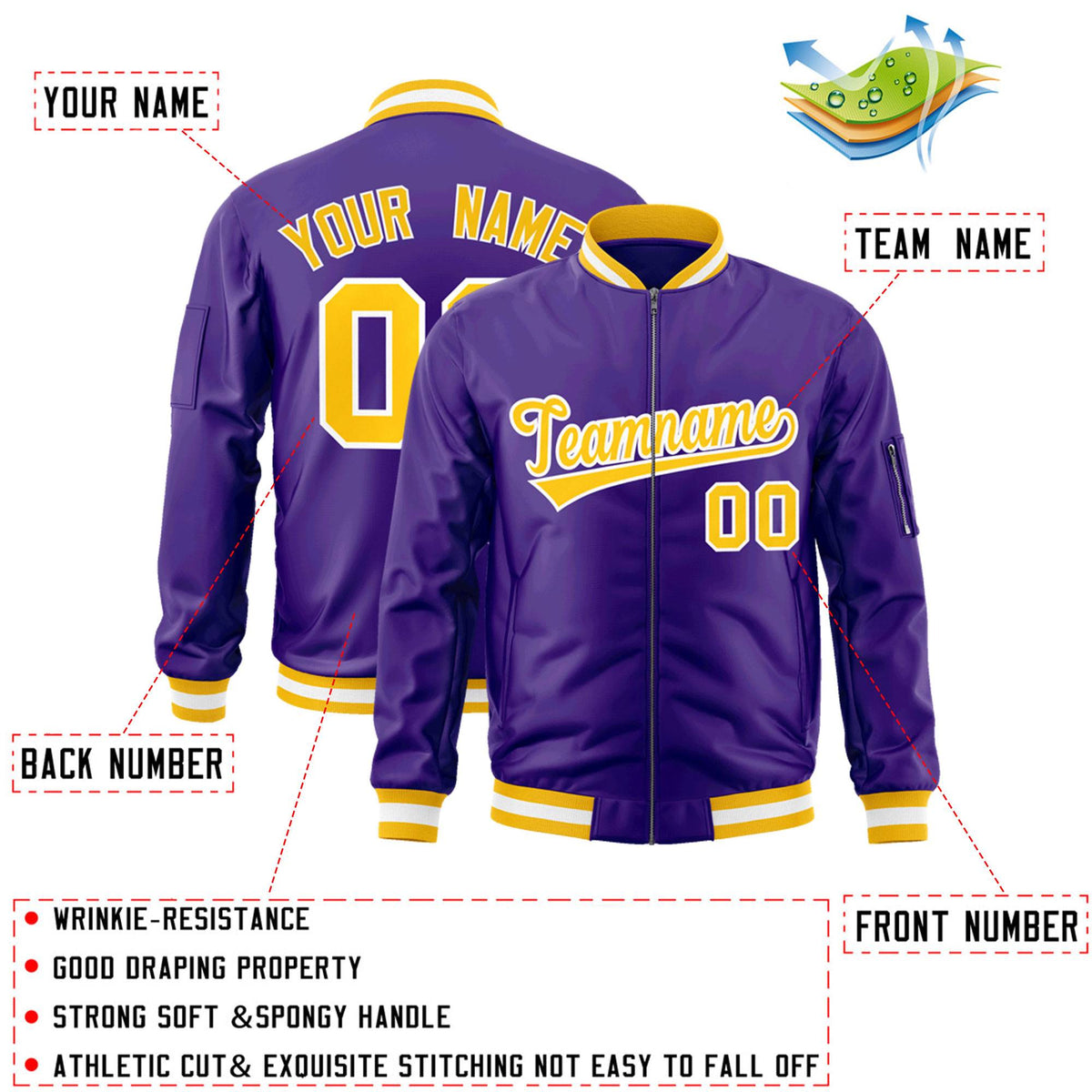 Custom Purple Gold-White Varsity Full-Zip Letterman Bomber Jacket