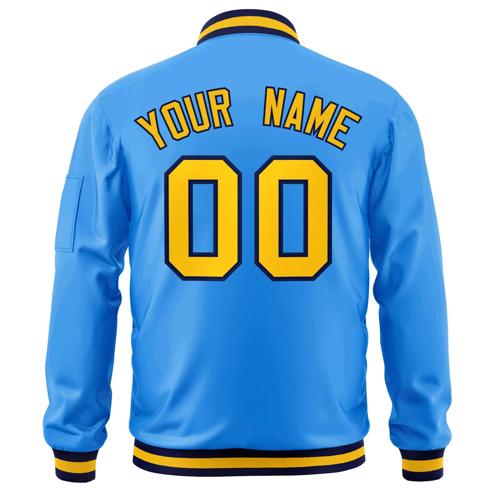 Custom Powder Blue Gold-Navy Varsity Full-Zip Letterman Bomber Jacket