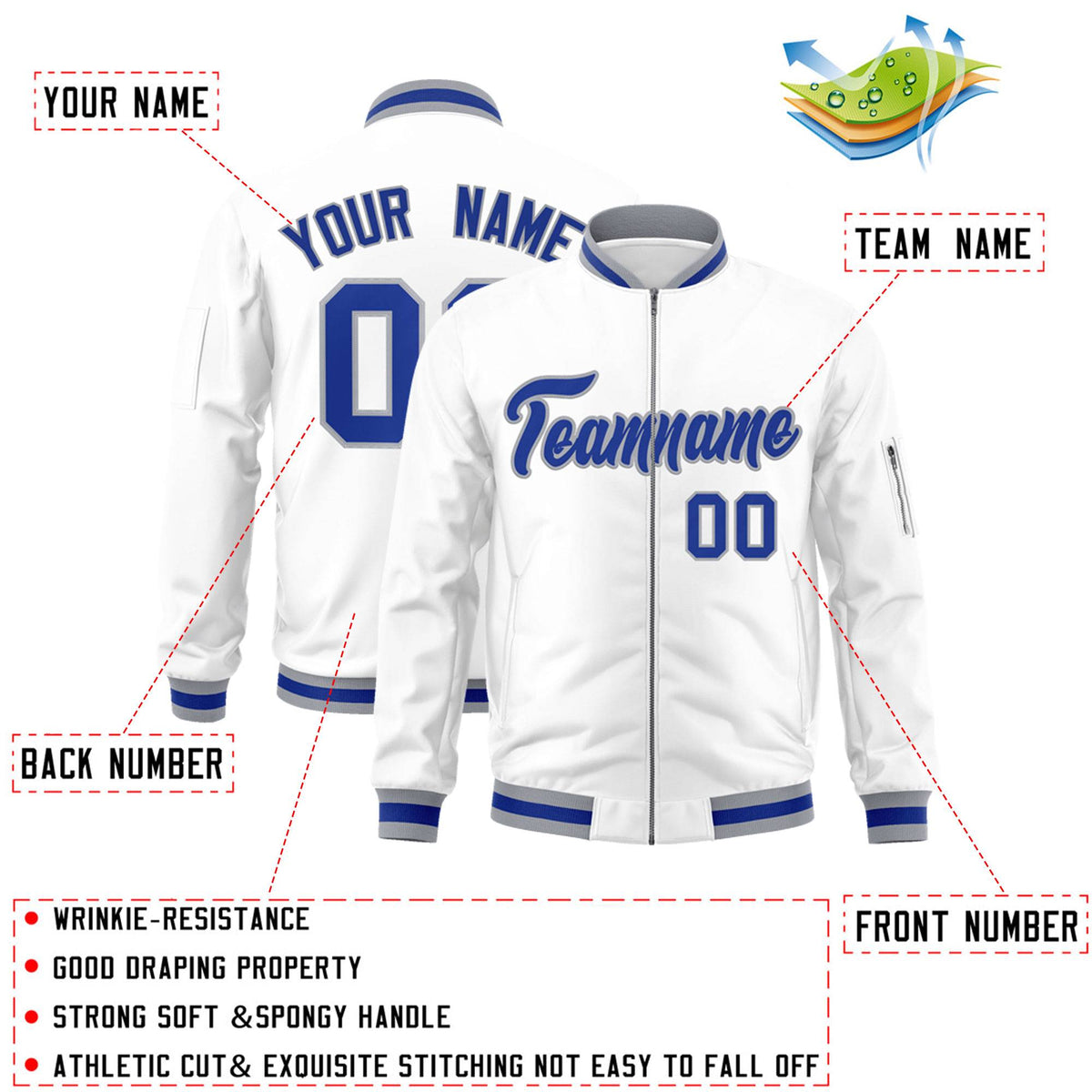 Custom White Royal-Gray Varsity Full-Zip Letterman Bomber Jacket