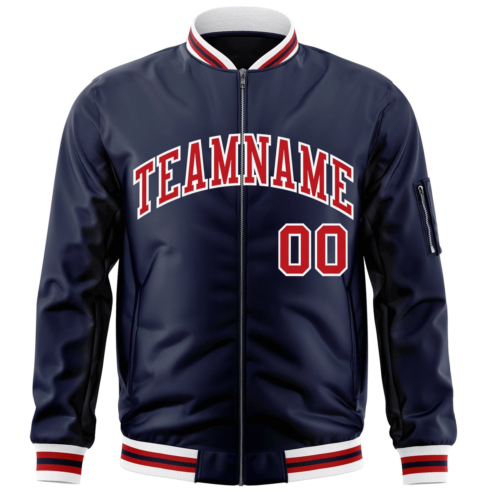 Custom Navy Red-White Varsity Full-Zip Letterman Bomber Jacket