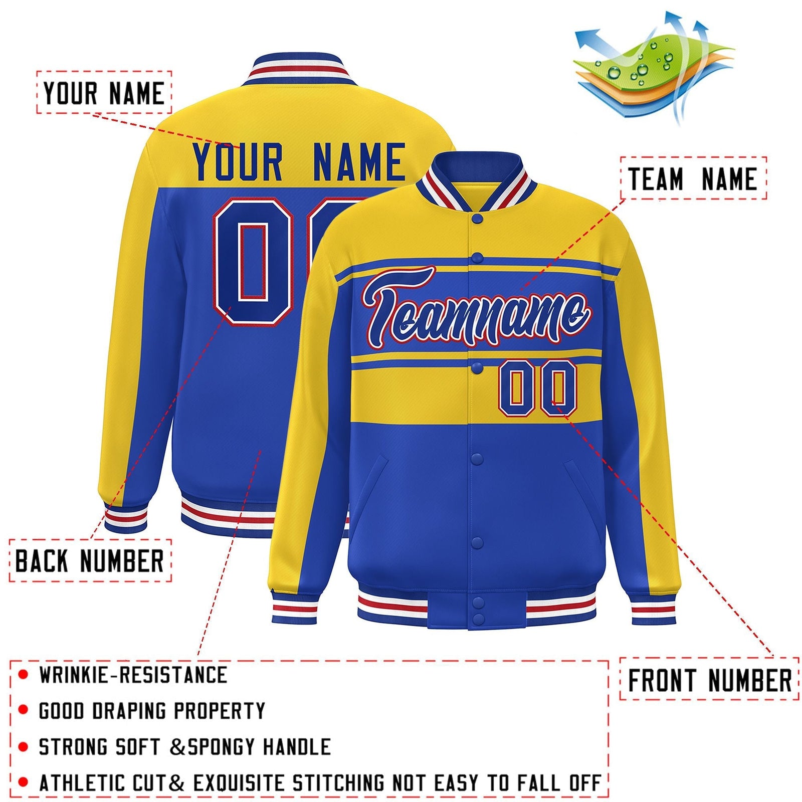 Custom Gold Royal Color Block Varsity Full-Snap Bomber Jacket
