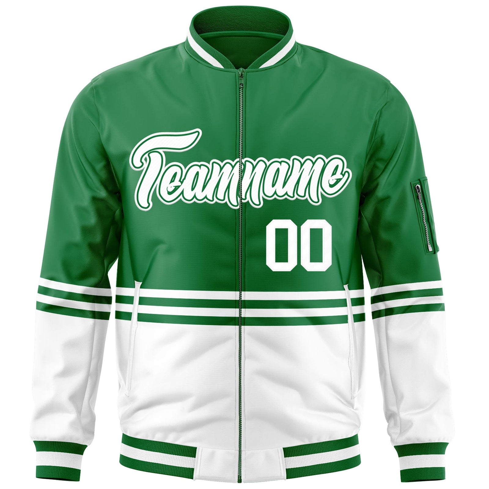 Custom Kelly Green White Varsity Full-Zip Color Block Letterman Bomber Jacket