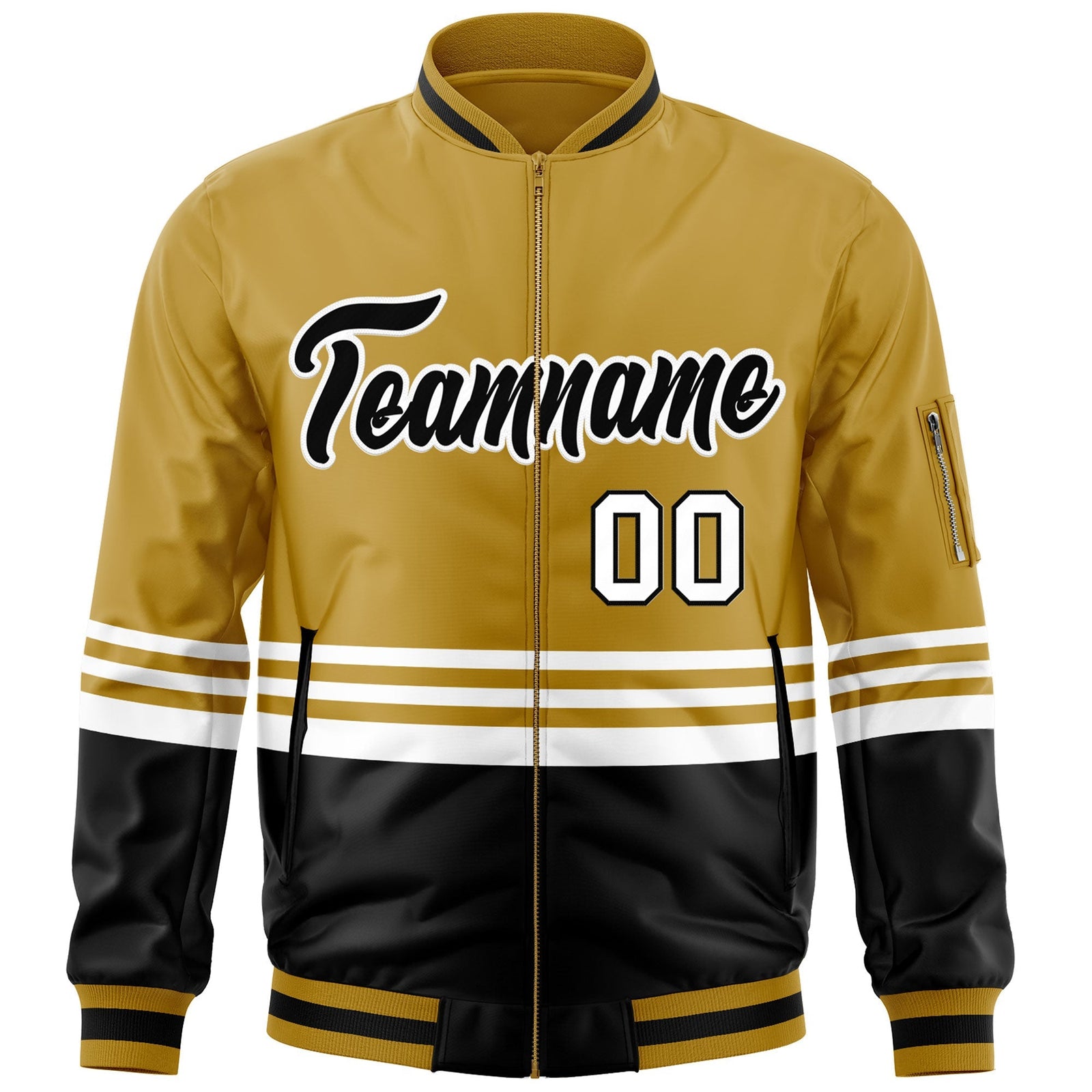 Custom Old Gold Black-White Varsity Full-Zip Color Block Letterman Bomber Jacket