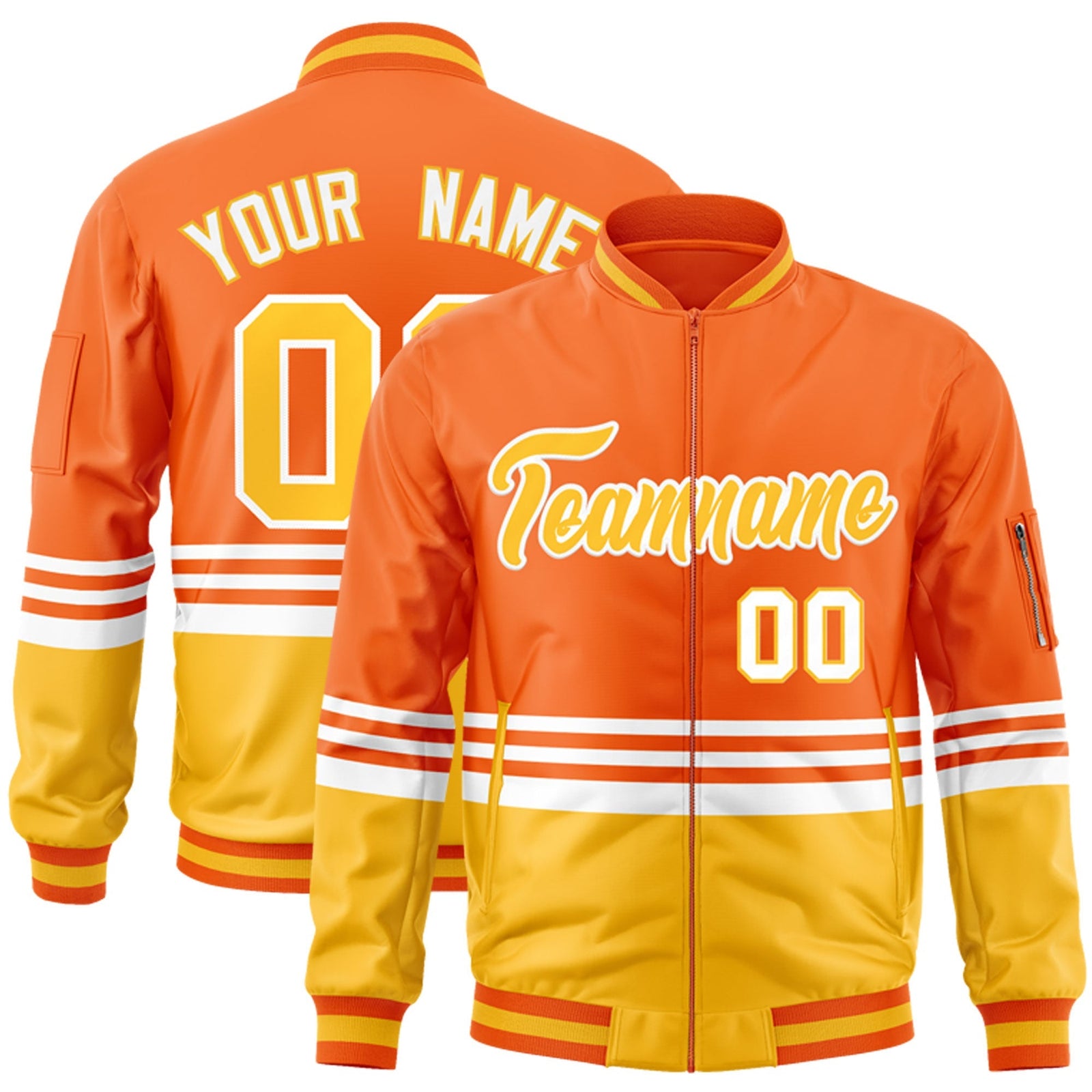 Custom Orange Gold-White Varsity Full-Zip Color Block Letterman Bomber Jacket