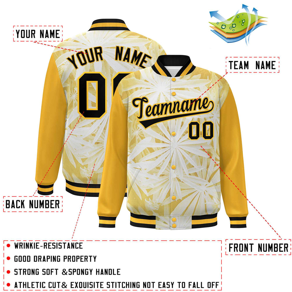 Custom Gold Black Maple Leaf Raglan Sleeves Bomber Graffiti Pattern Varsity Jacket
