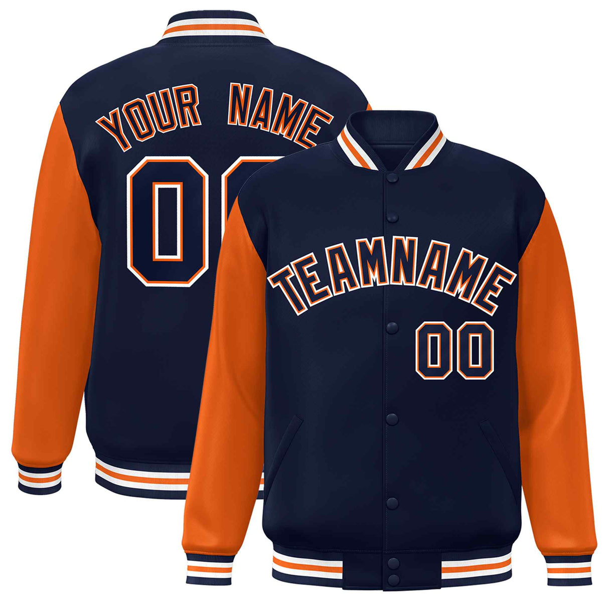 Custom Navy Orange Raglan Sleeves Varsity Full-Snap Letterman Jacket
