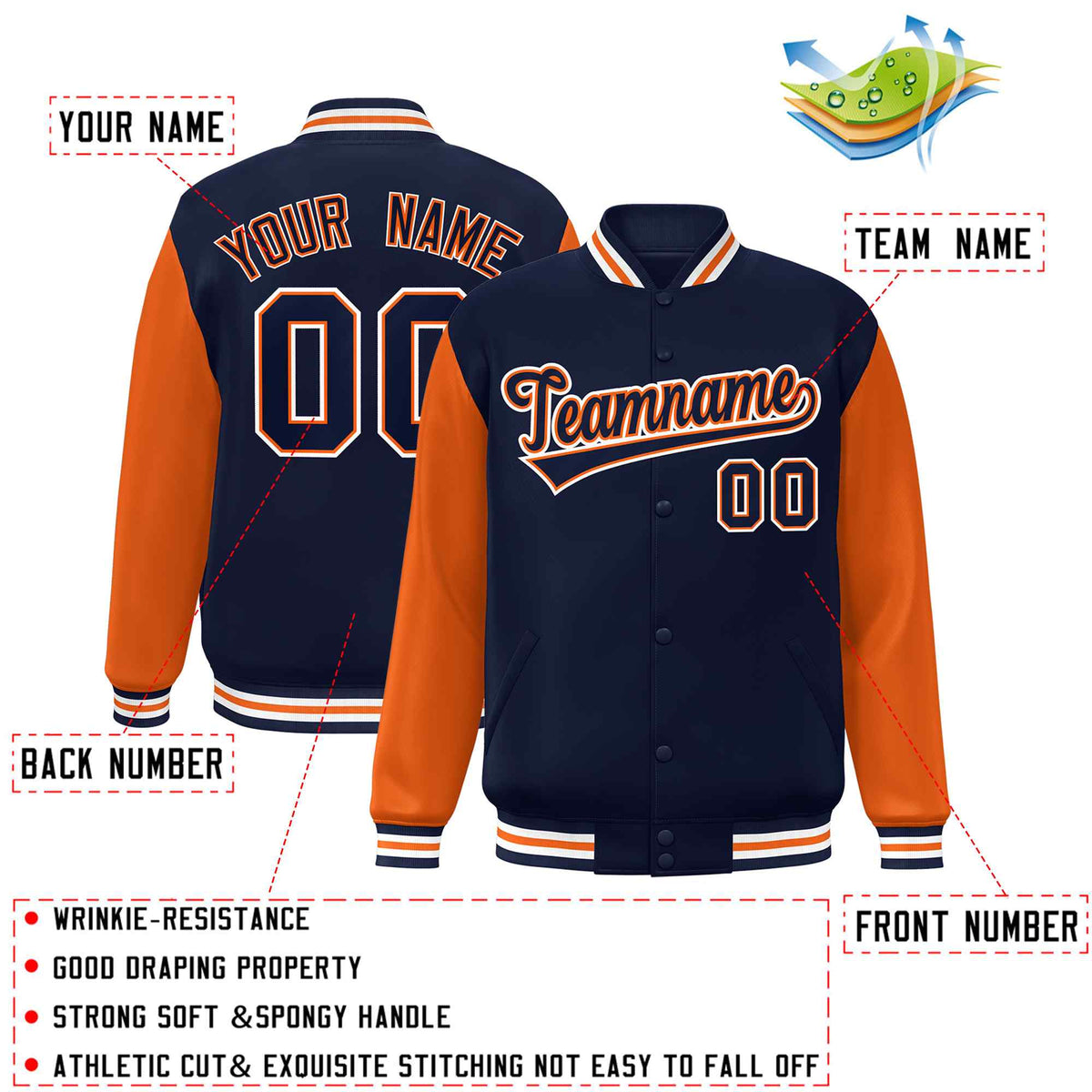 Custom Navy Navy-Orange Raglan Sleeves Varsity Full-Snap Letterman Jacket