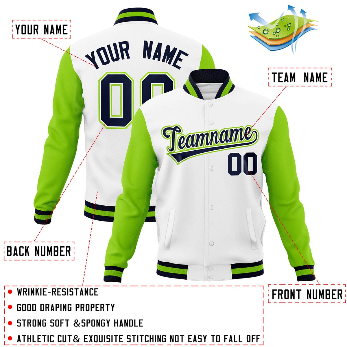 Custom White Navy-White Raglan Sleeves Varsity Full-Snap Letterman Jacket