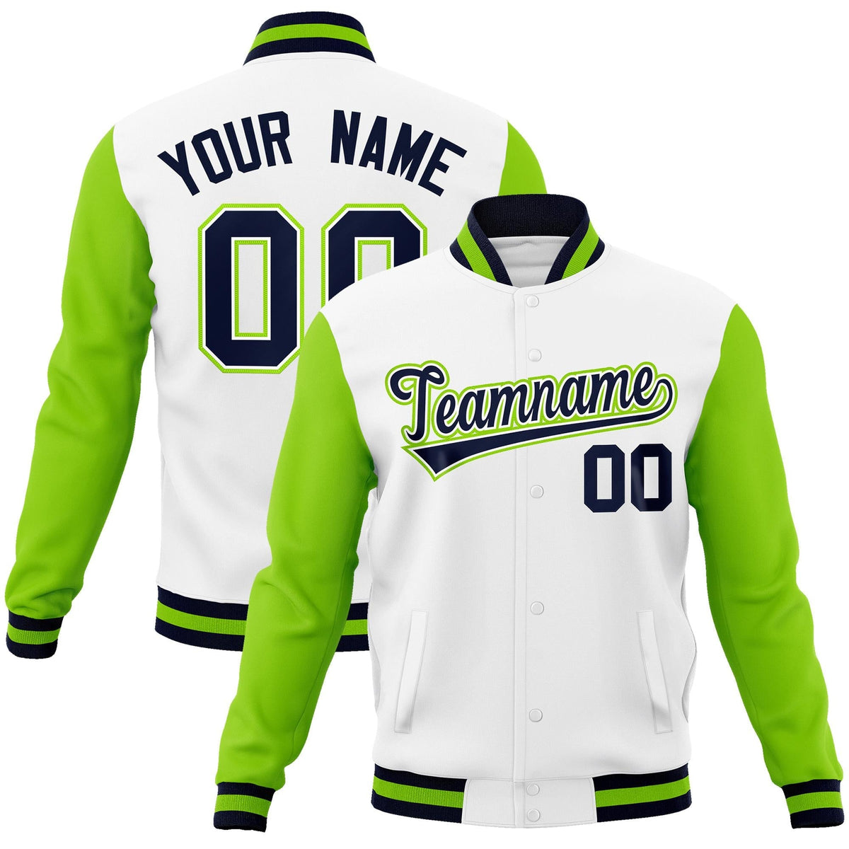 Custom White Navy-White Raglan Sleeves Varsity Full-Snap Letterman Jacket