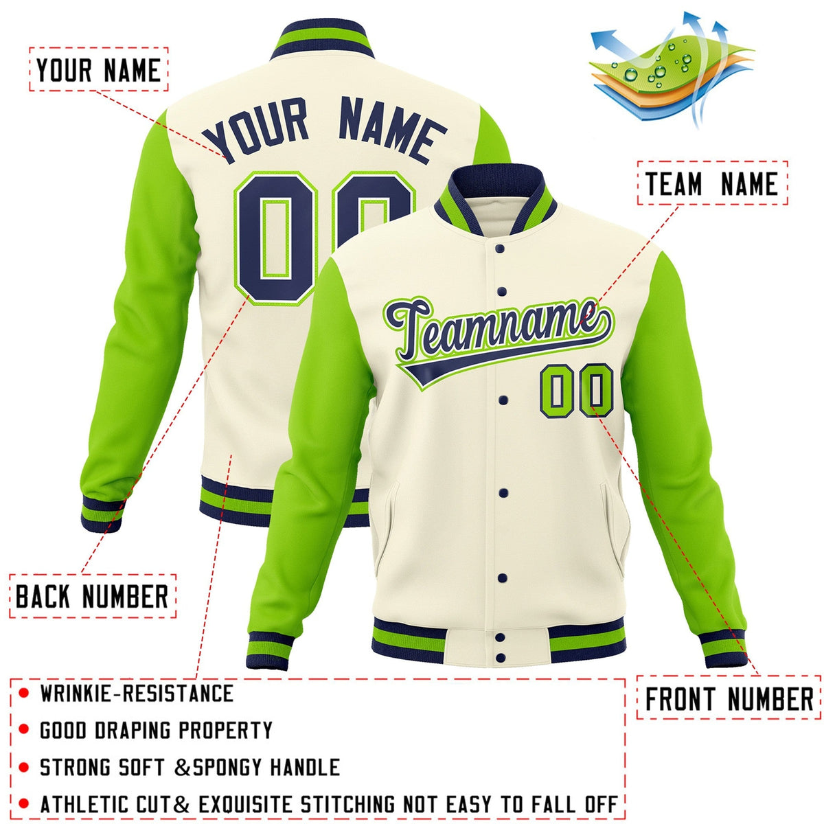 Custom Khaki Navy-White Raglan Sleeves Varsity Full-Snap Letterman Jacket