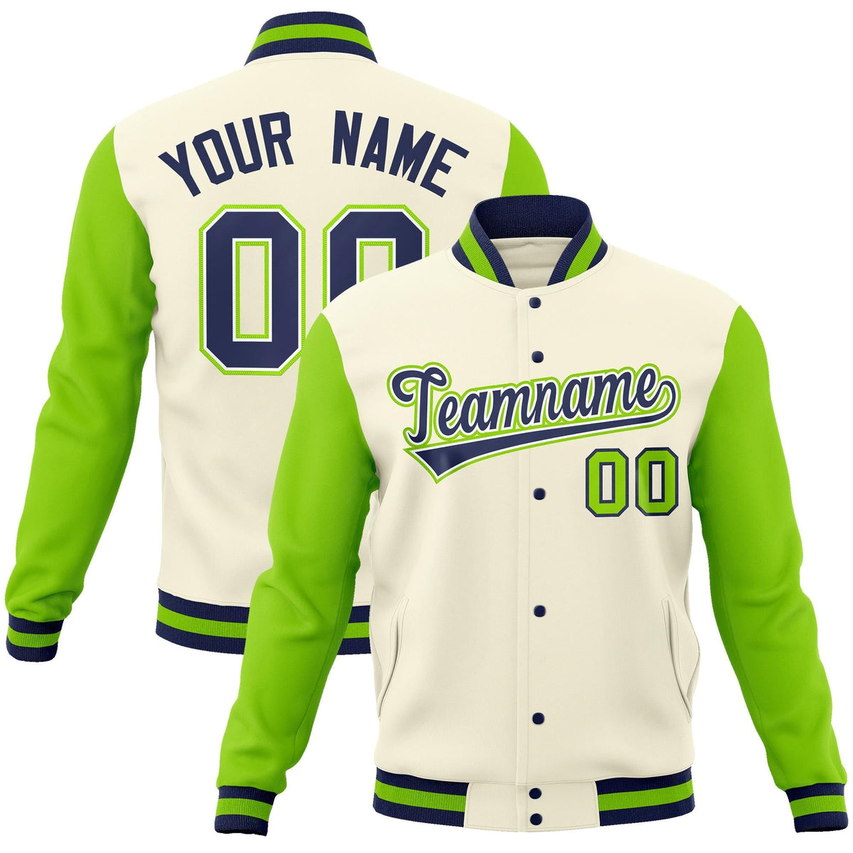 Custom Khaki Navy-White Raglan Sleeves Varsity Full-Snap Letterman Jacket