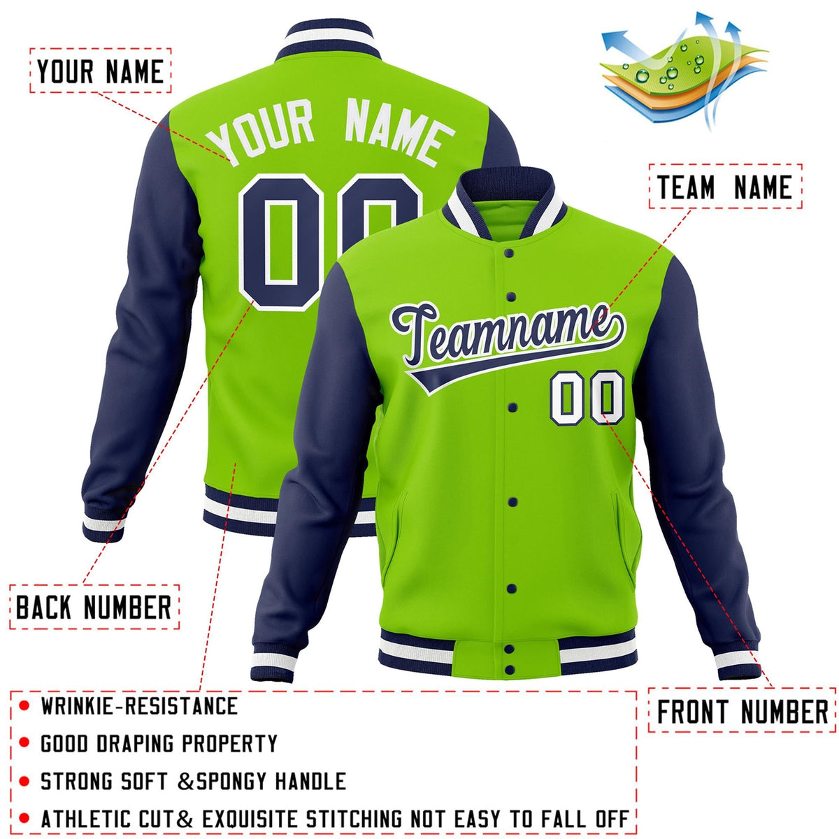 Custom Neon Green Navy-White Raglan Sleeves Varsity Full-Snap Letterman Jacket
