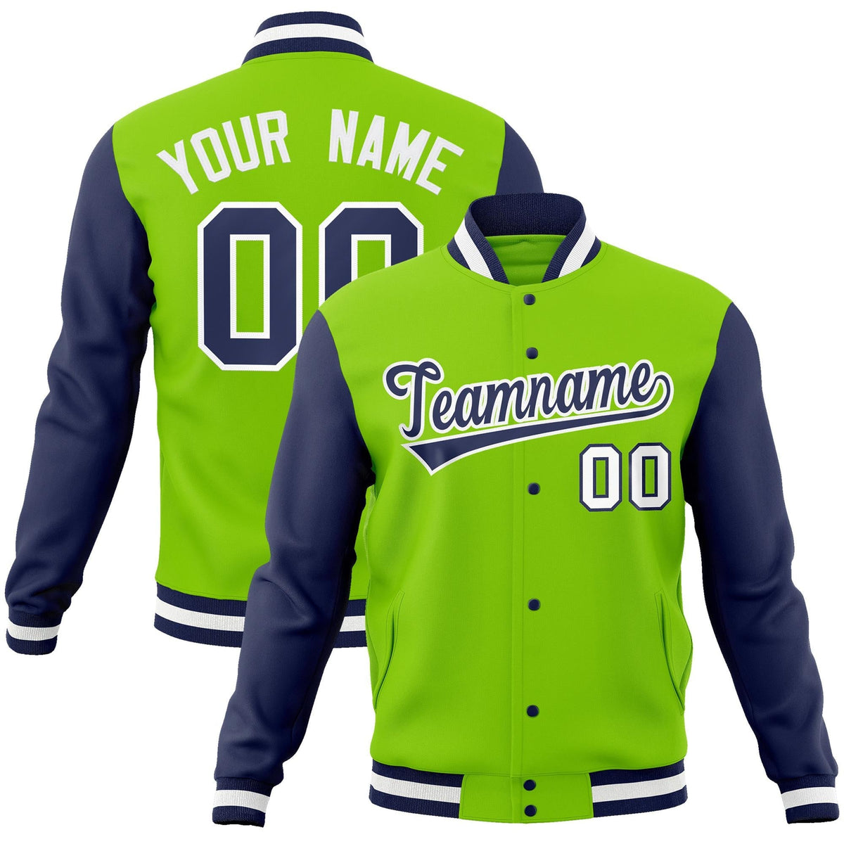 Custom Neon Green Navy-White Raglan Sleeves Varsity Full-Snap Letterman Jacket
