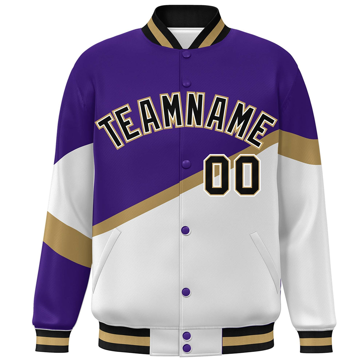 Custom Purple White Black-White Color Block Bomber Varsity Baseball Jacket