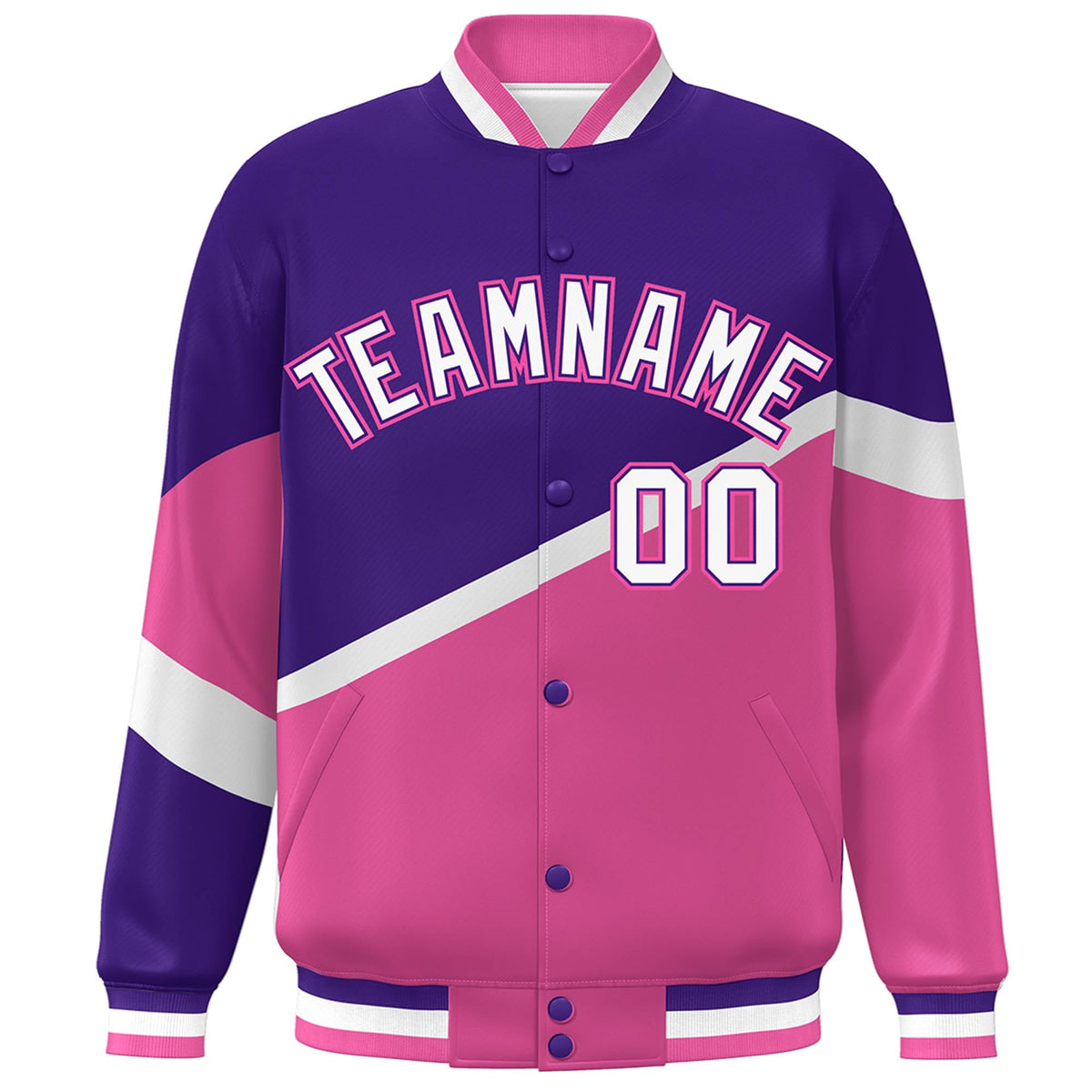 Custom Purple Pink White-Purple Color Block Bomber Varsity Baseball Jacket