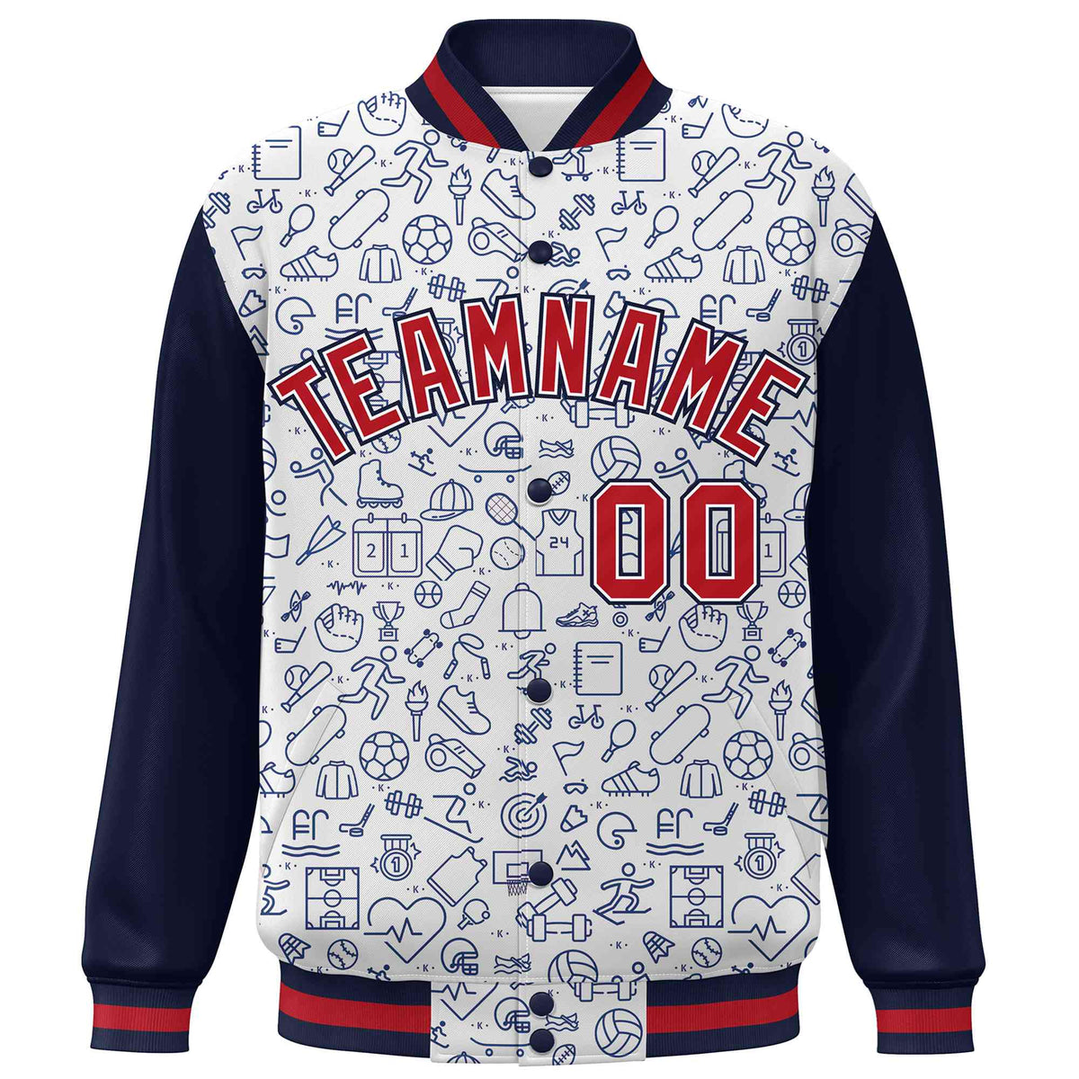 Custom White Navy-Red Line Graffiti Pattern Varsity Raglan Sleeves Letterman Baseball Jacket