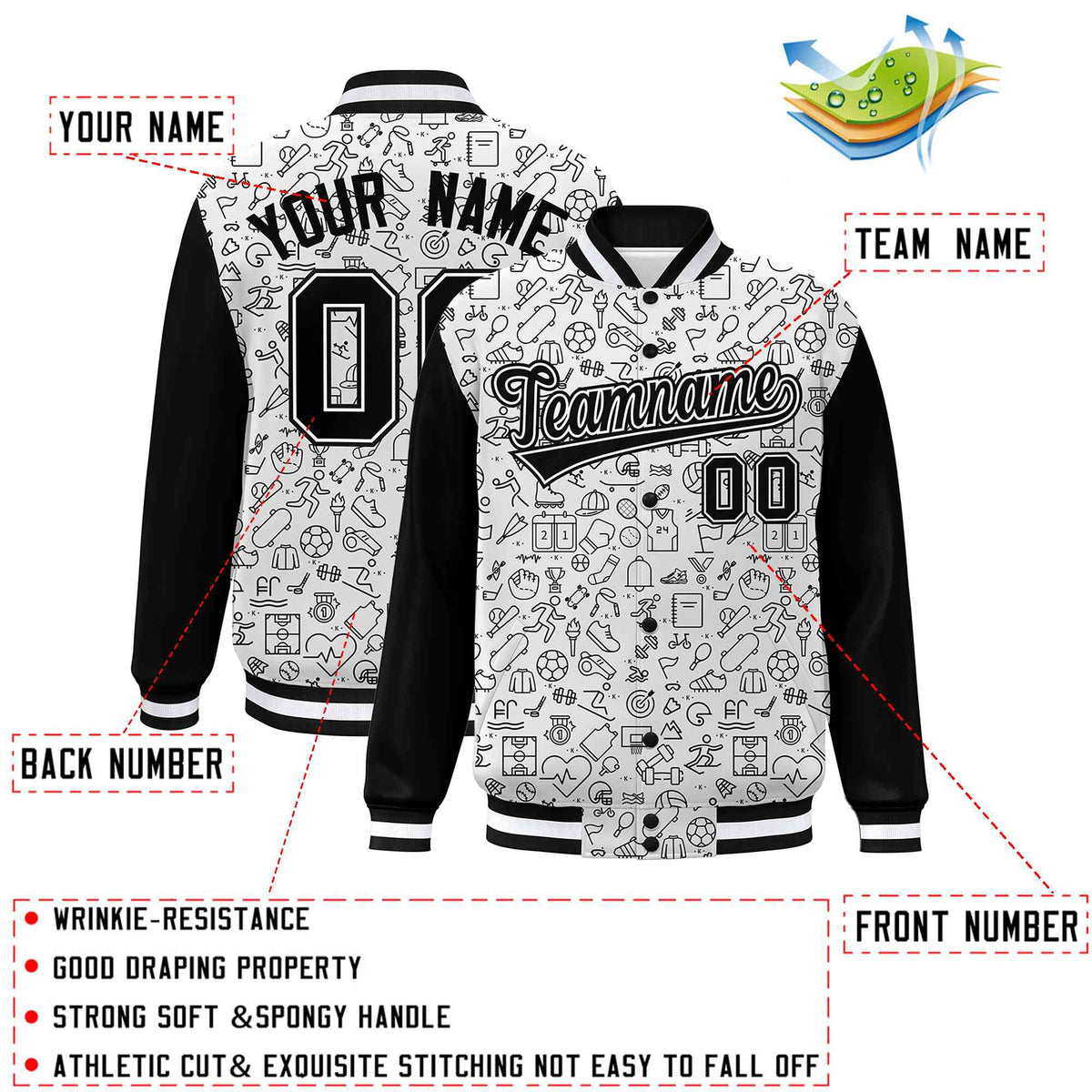Custom White Black Line Graffiti Pattern Varsity Raglan Sleeves Letterman Baseball Jacket