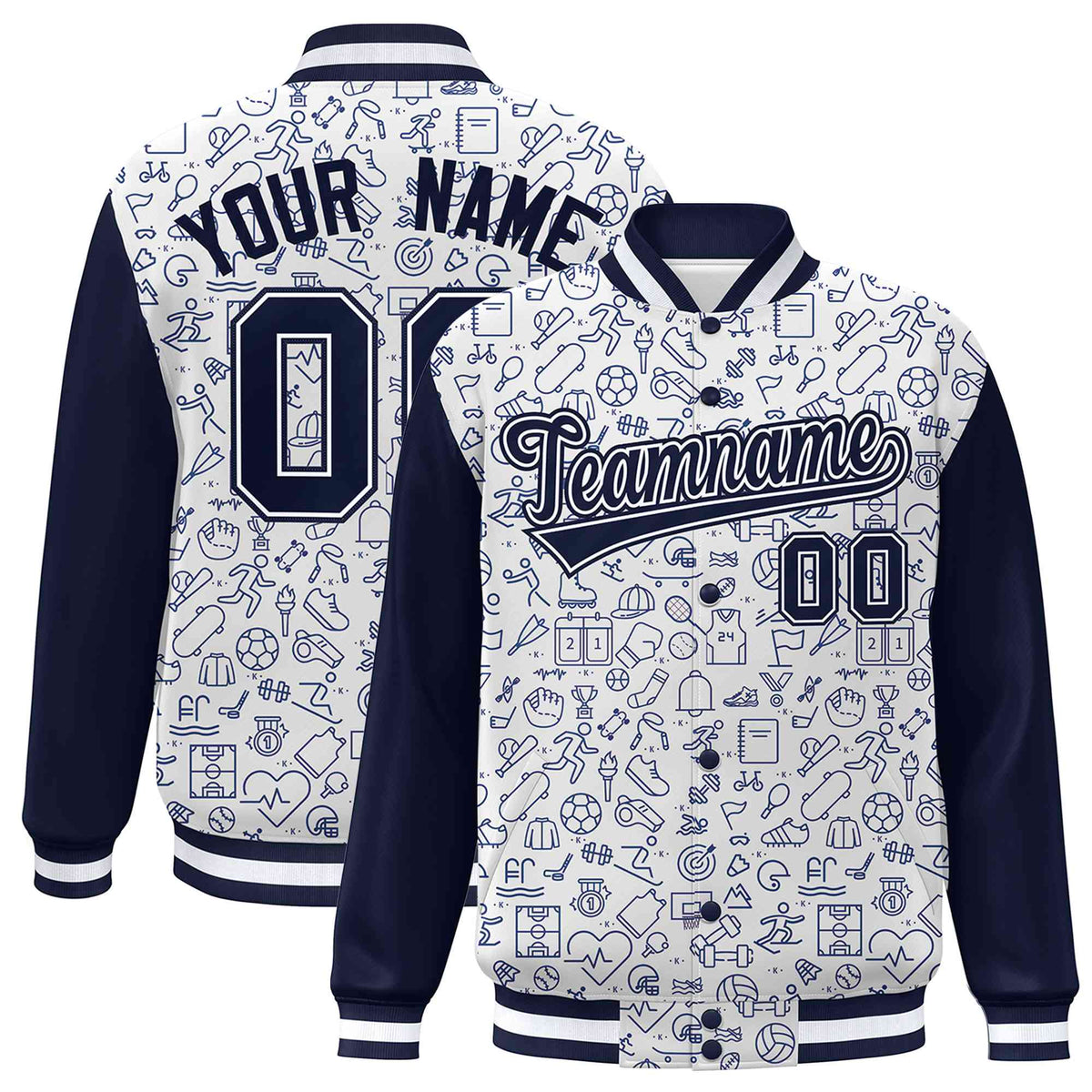 Custom White Navy Line Graffiti Pattern Varsity Raglan Sleeves Letterman Baseball Jacket