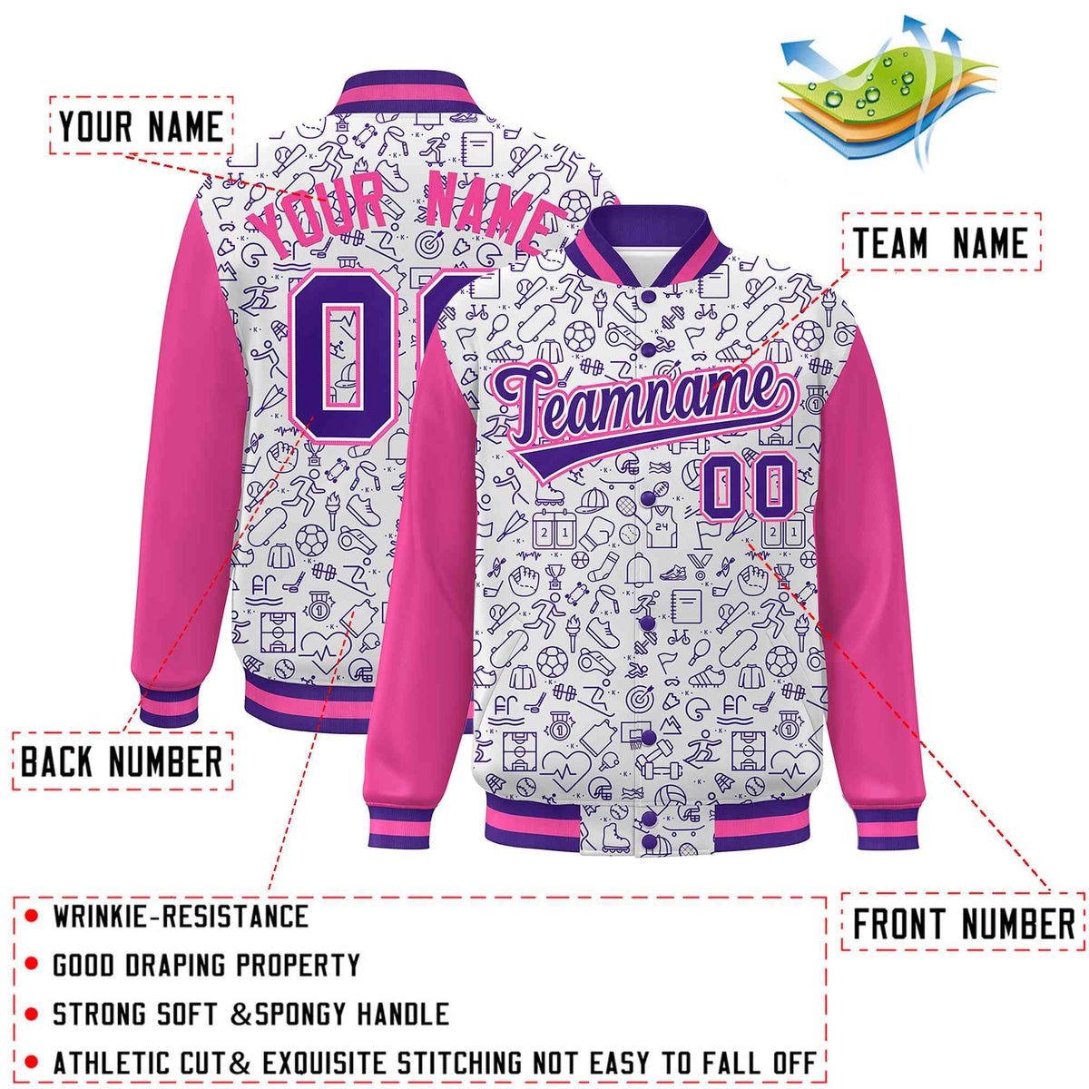Custom White Pink-Purple Line Graffiti Pattern Varsity Raglan Sleeves Letterman Baseball Jacket
