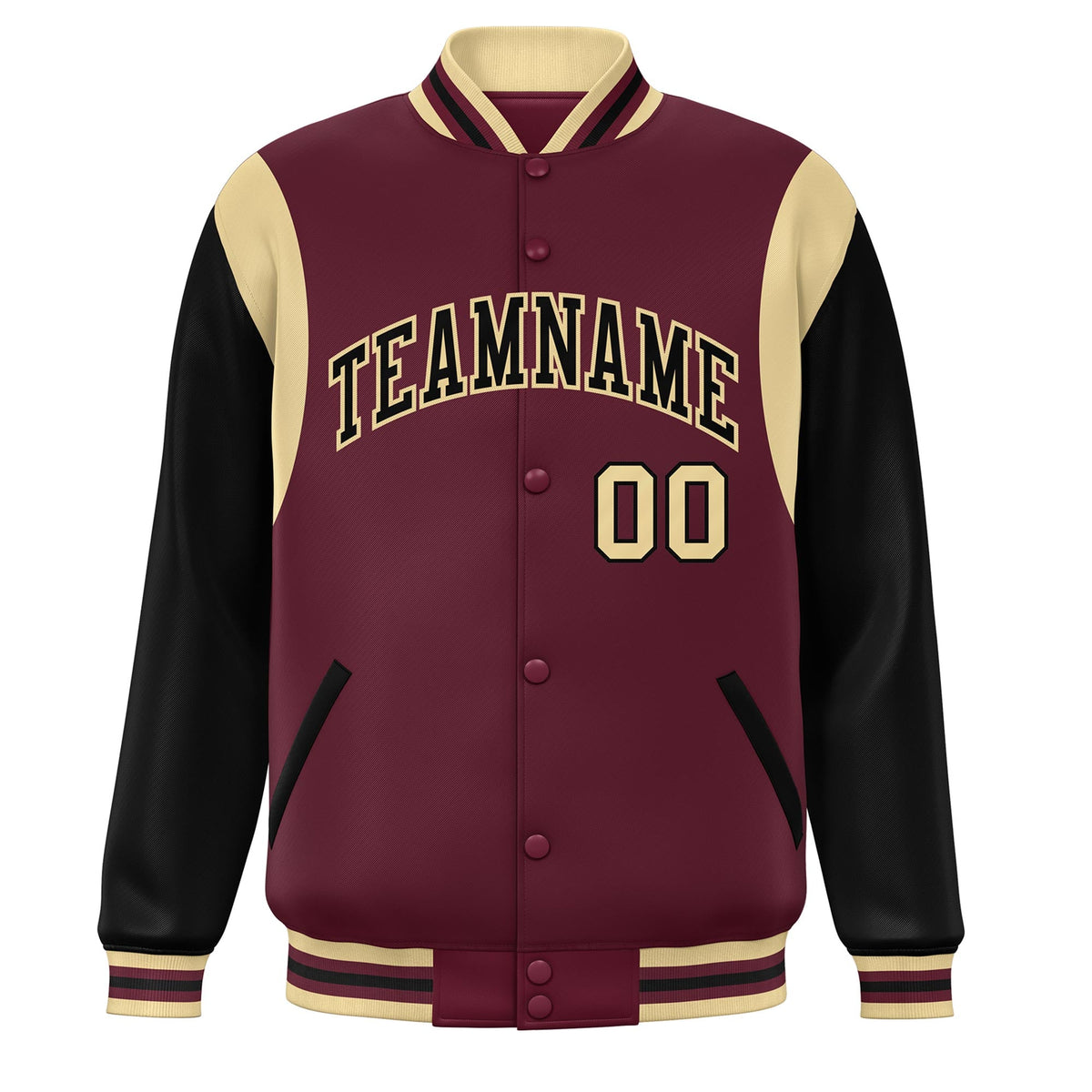 Custom Crimson Black-Khaki Color Block Bomber Varsity Full-Snap Baseball Jacket