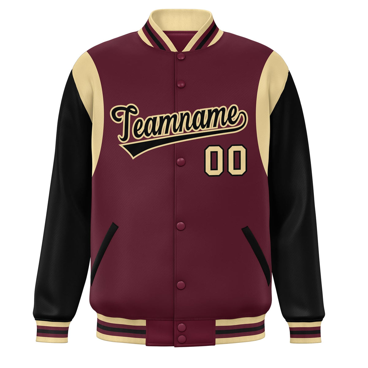 Custom Crimson Black-Khaki Color Block Bomber Varsity Full-Snap Baseball Jacket