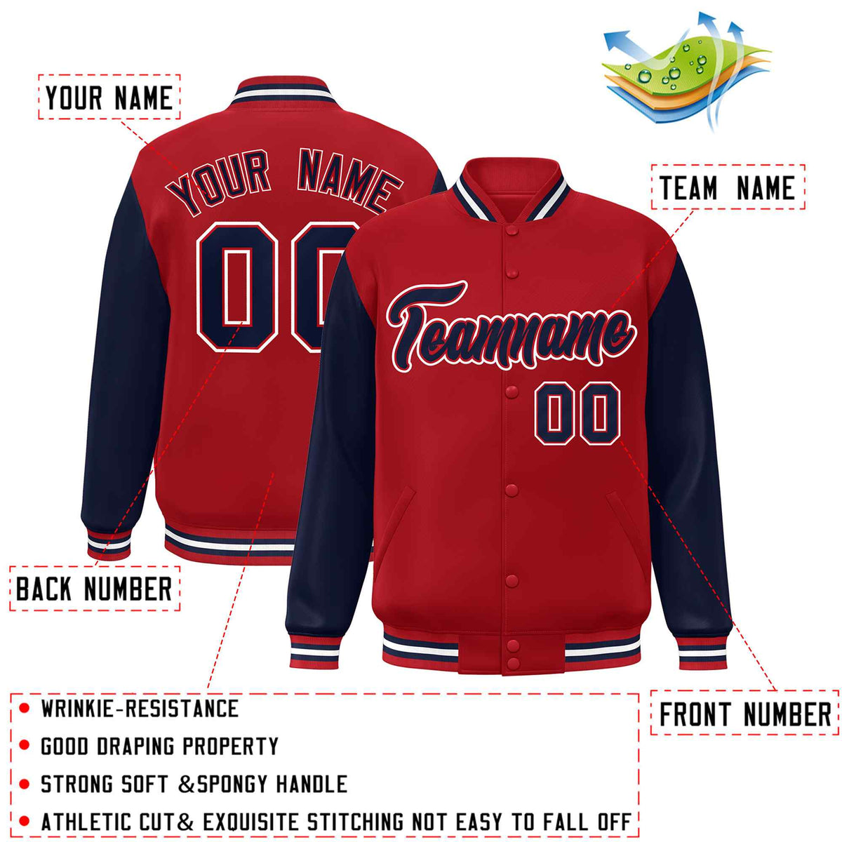 Custom Red NavyRaglan Sleeves Varsity Full-Snap Letterman Jacket