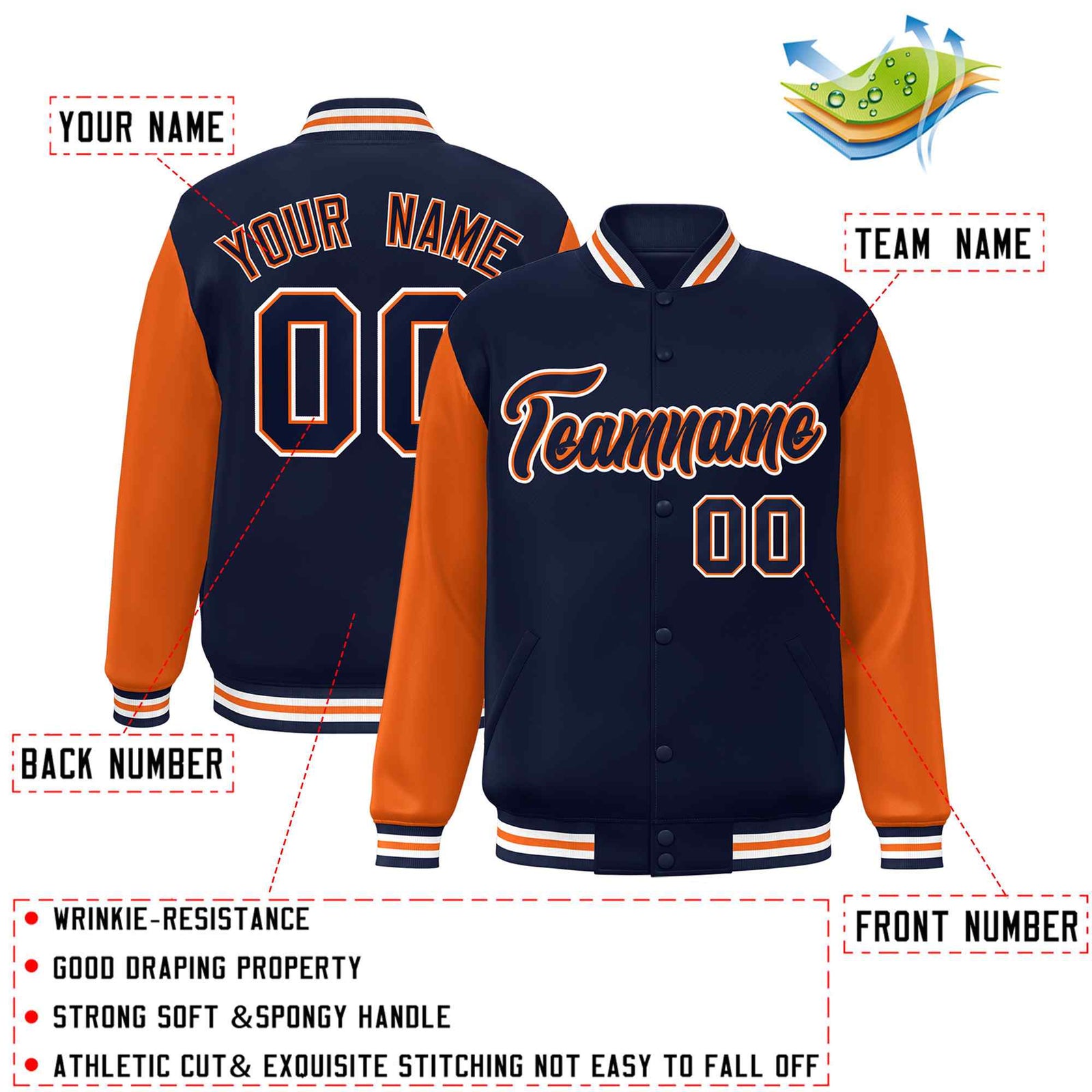 Custom Navy Orange Raglan Sleeves Varsity Full-Snap Letterman Jacket