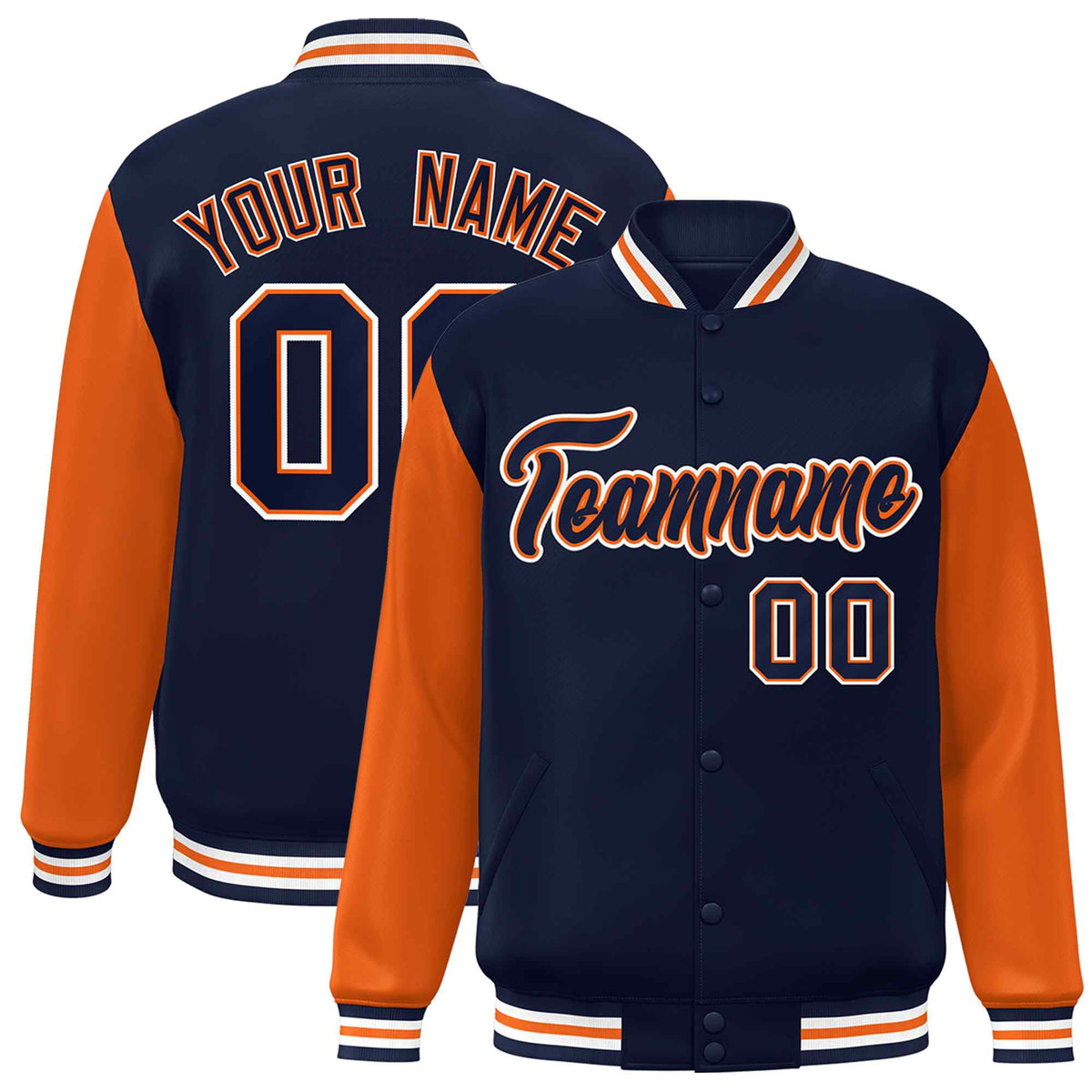 Custom Navy Orange Raglan Sleeves Varsity Full-Snap Letterman Jacket