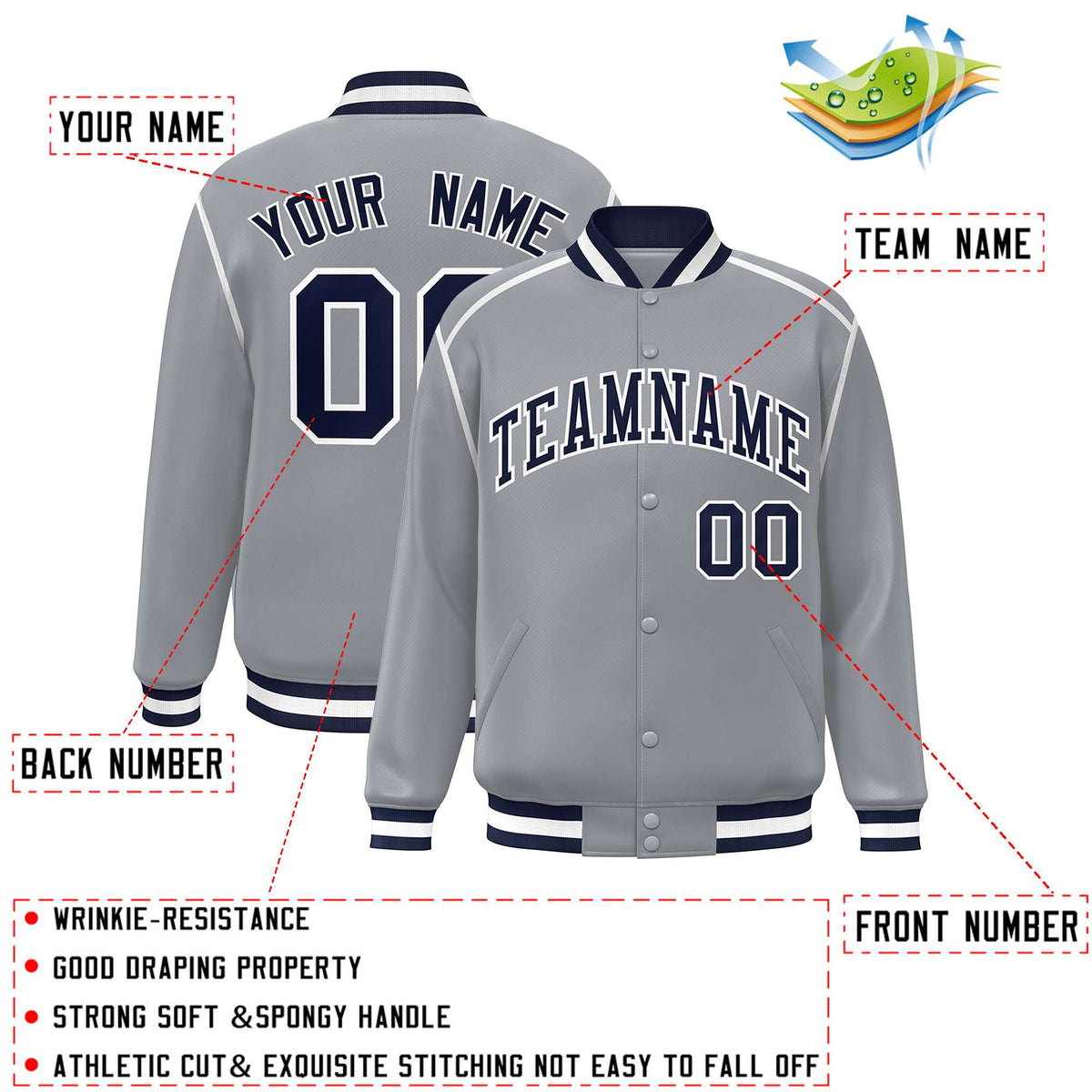 Custom Gray Navy-White Color Block Ribbon Varsity Full-Snap Bomber Jacket