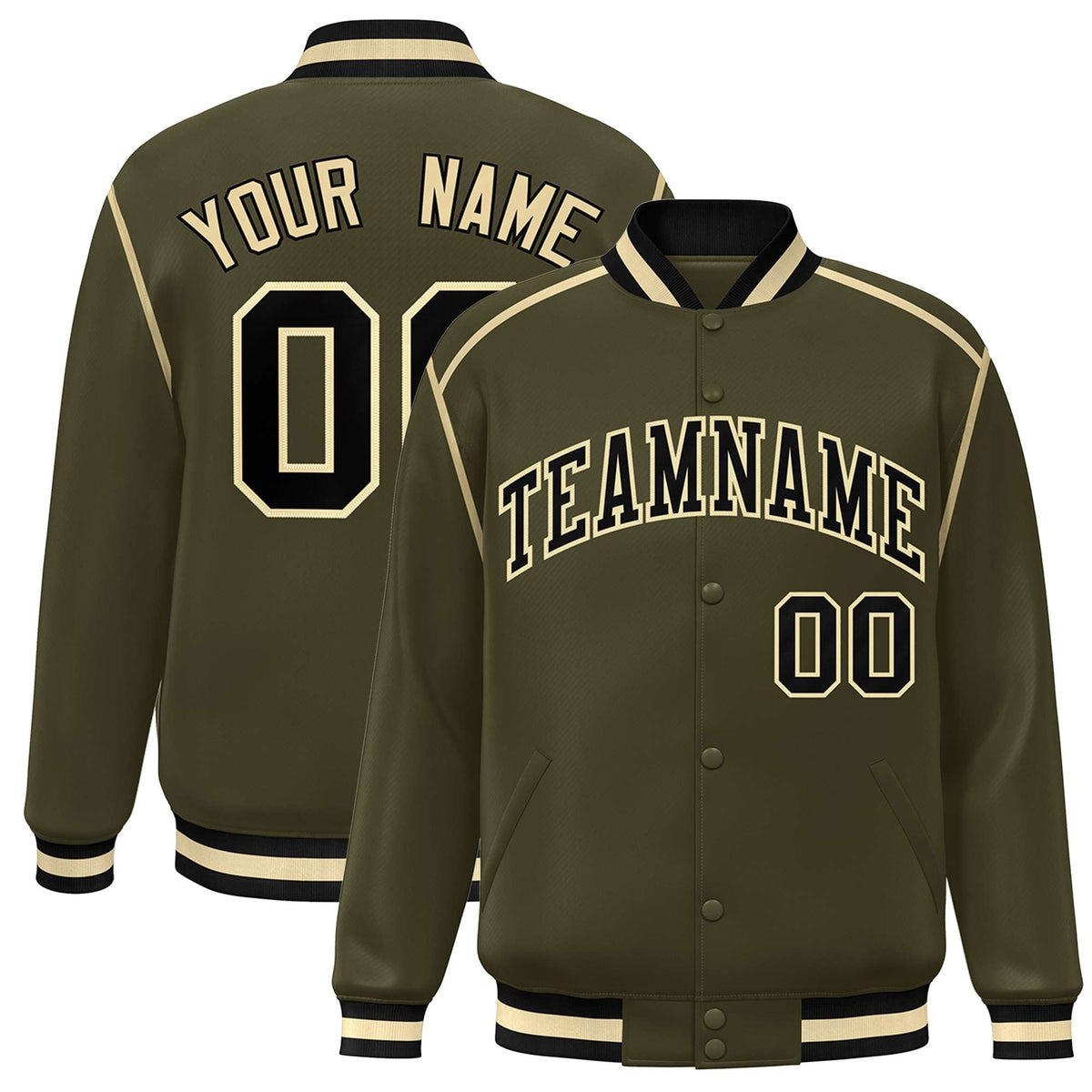 Custom Olive Black-Cream Color Block Ribbon Varsity Full-Snap Bomber Jacket