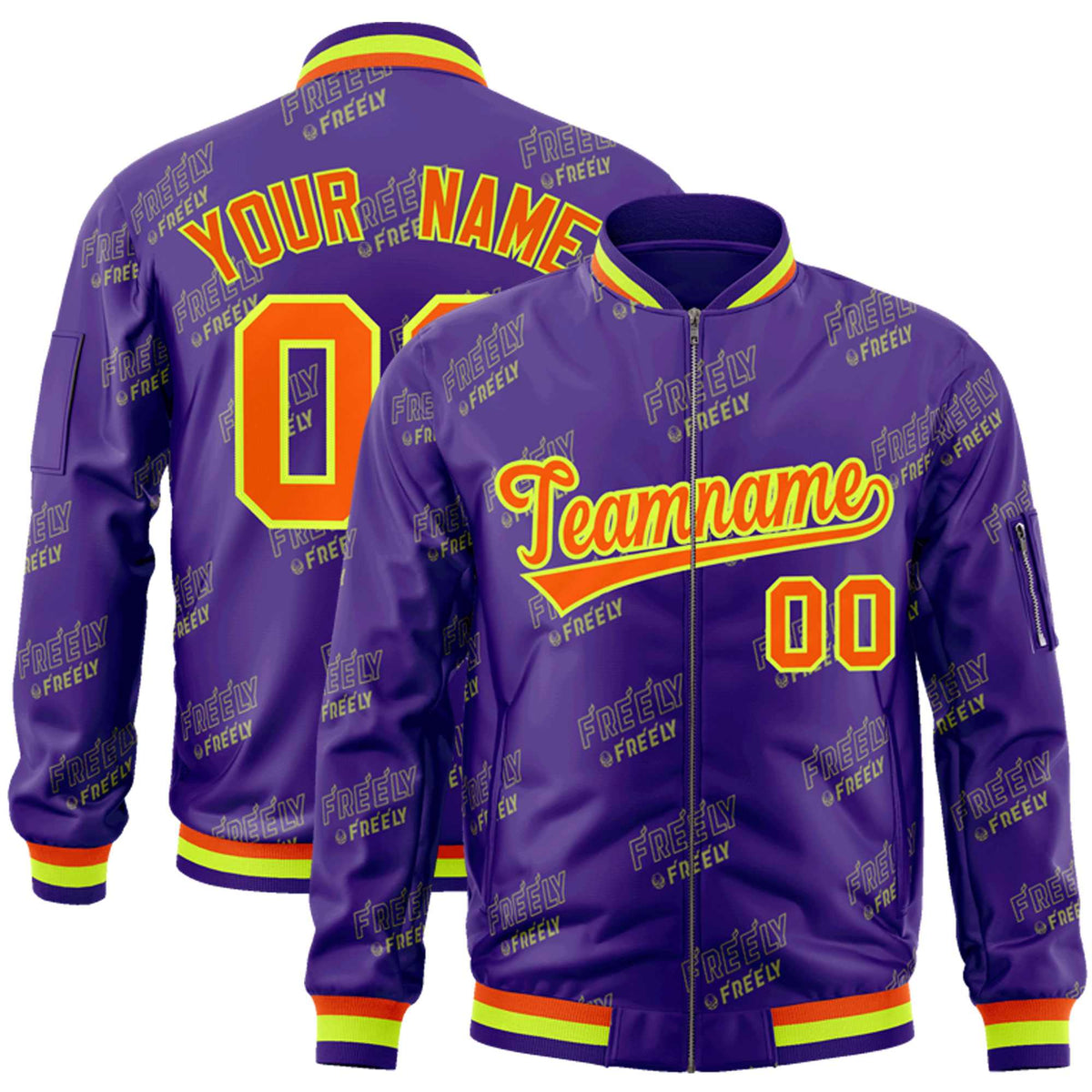 Custom Purple Orange-Neon Green Letter Full-Zip Varsity Bomber Jacket