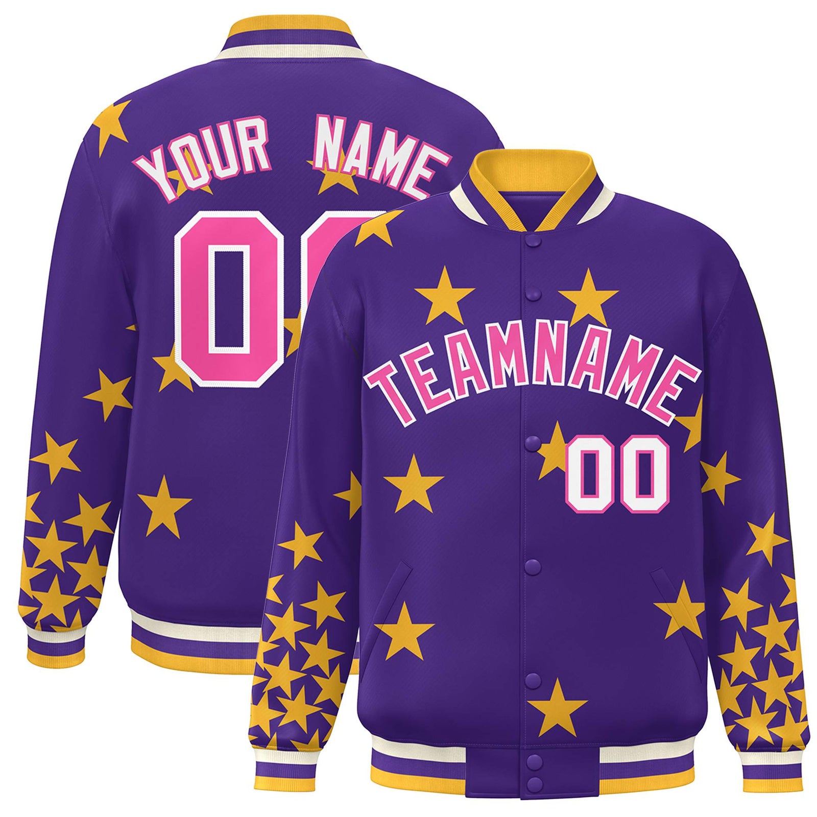 Custom Purple Pink-White Star Graffiti Pattern Varsity Full-Snap Bomber Jacket