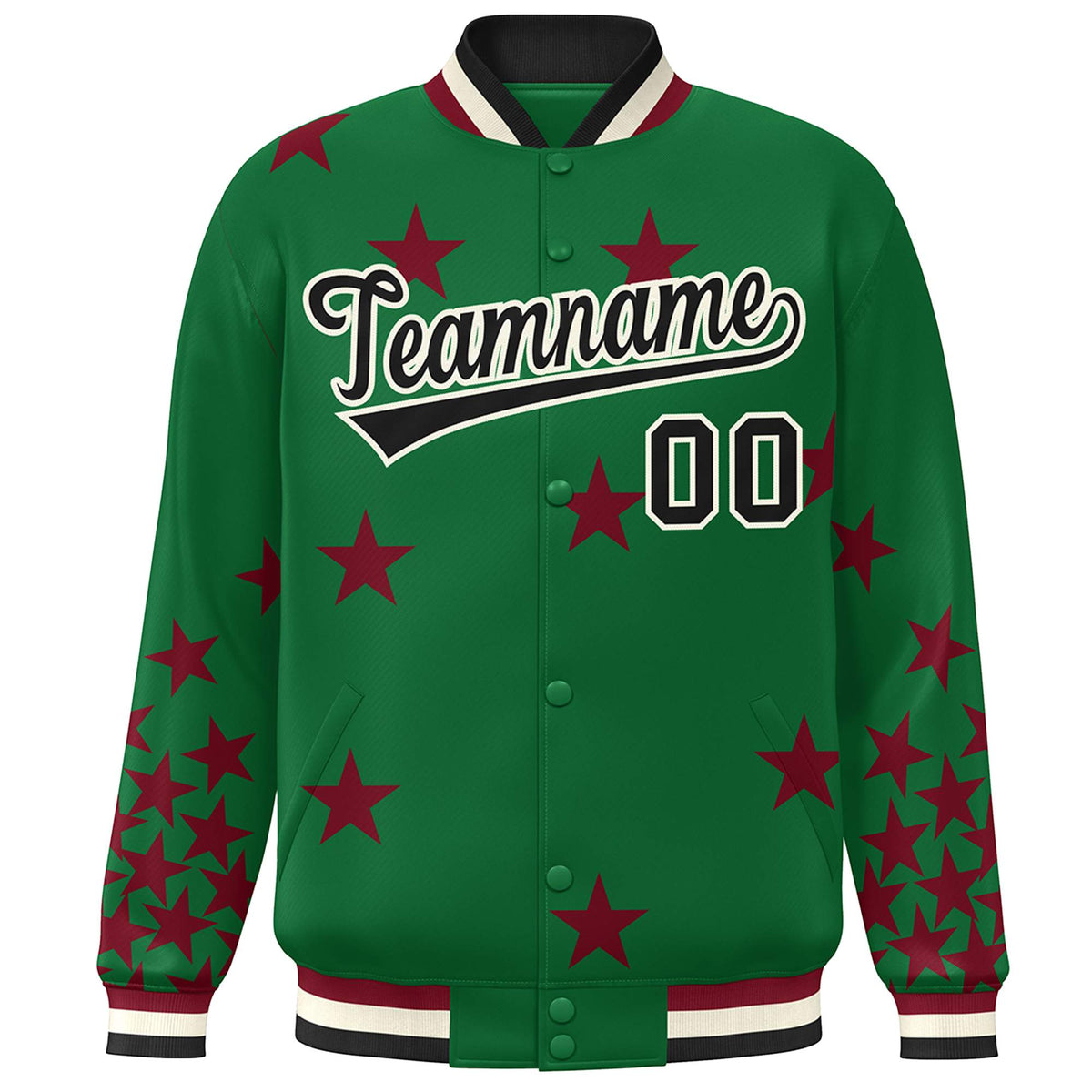 Custom Kelly Green Black-White Star Graffiti Pattern Varsity Full-Snap Bomber Jacket