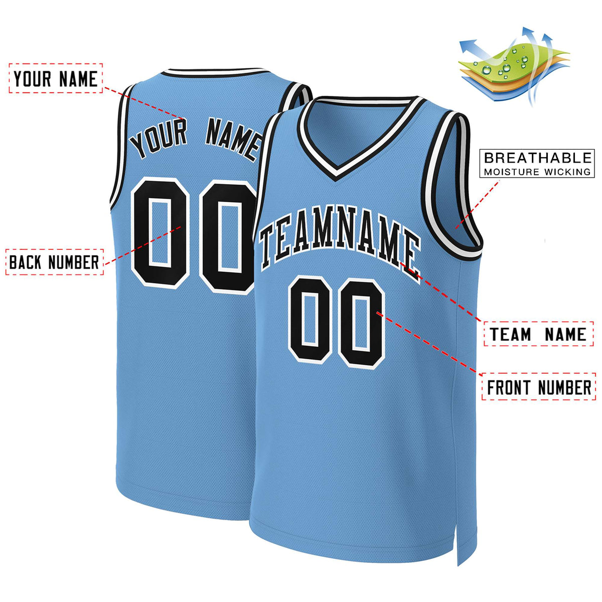 Custom Light Blue Black-White Classic Tops Basketball Jersey