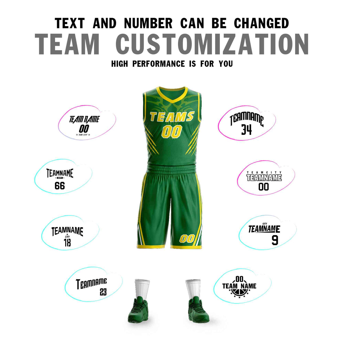 Custom Kelly Green Gold-White Graffiti Pattern Sets Claw Element Basketball Jersey