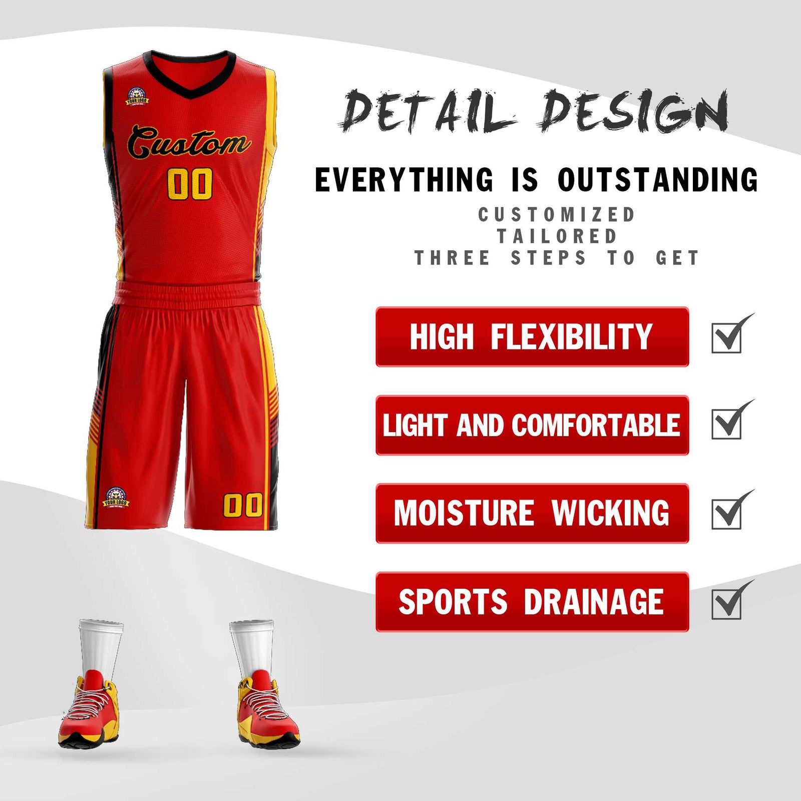 Custom Red Black-Gold Classic Sets Sports Uniform Basketball Jersey