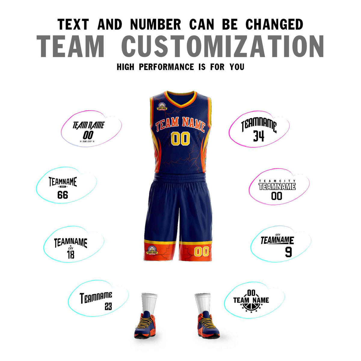 Custom Navy Orange-White Graffiti Pattern Sets Lightning Basketball Jersey