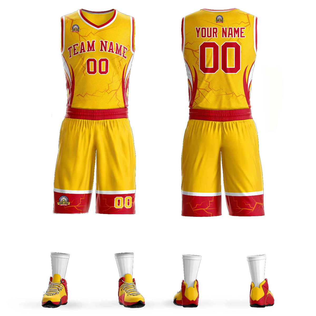 Custom Gold Red-White Graffiti Pattern Sets Lightning Basketball Jersey