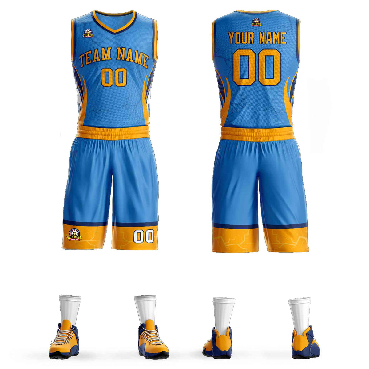 Custom Powder Blue Gold-Navy Graffiti Pattern Sets Lightning Basketball Jersey