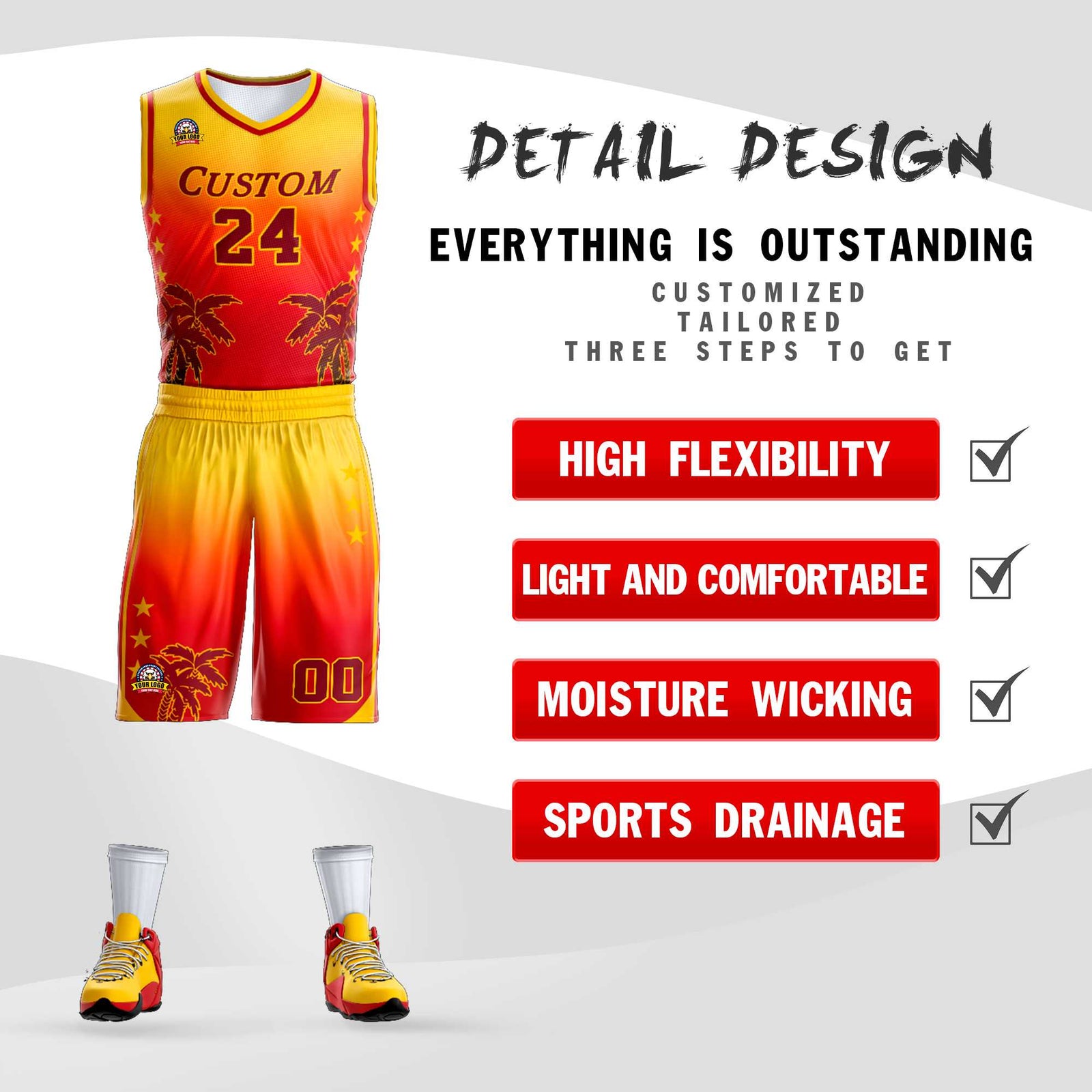 Custom Cream Yellow-Texas Orange Gradient Fashion Coconut Palm Pattern Sports Uniform Basketball Jersey