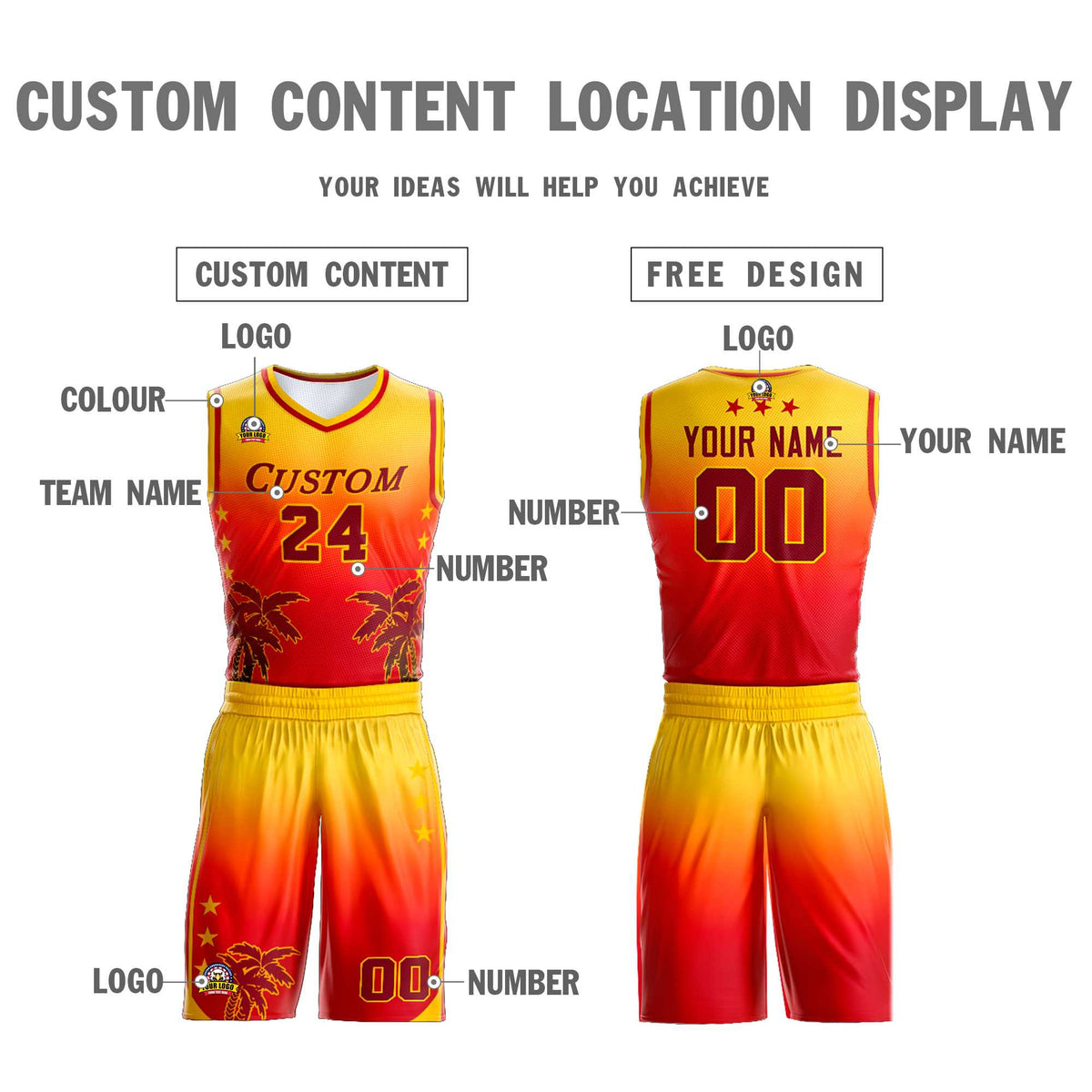 Custom Cream Yellow-Texas Orange Gradient Fashion Coconut Palm Pattern Sports Uniform Basketball Jersey