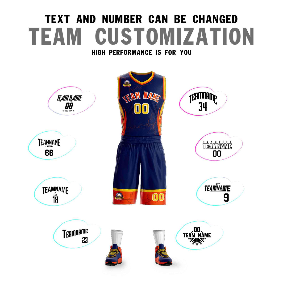 Custom Navy Orange-White Graffiti Pattern Sets Lightning Basketball Jersey