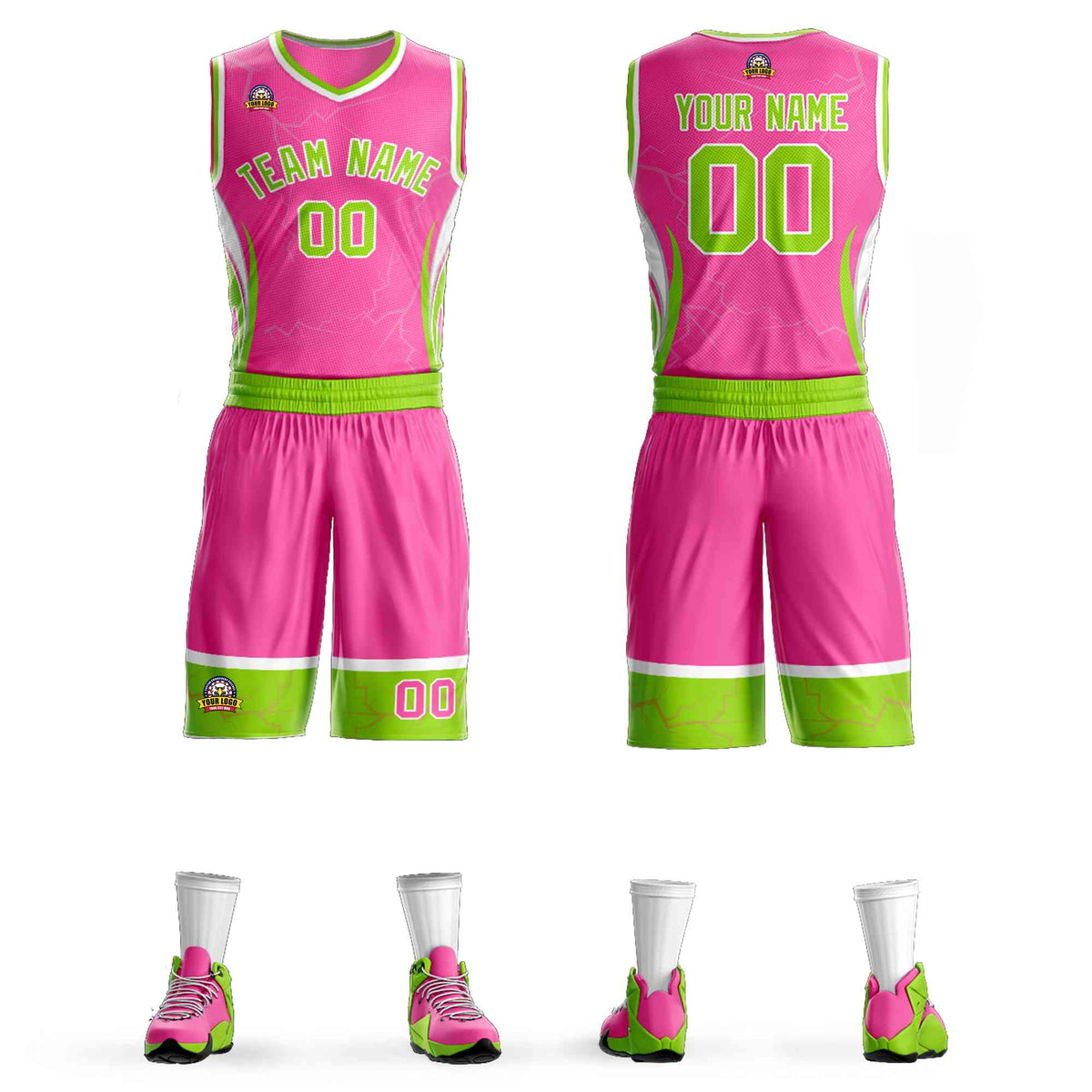 Custom Pink Neon Green-White Graffiti Pattern Sets Lightning Basketball Jersey