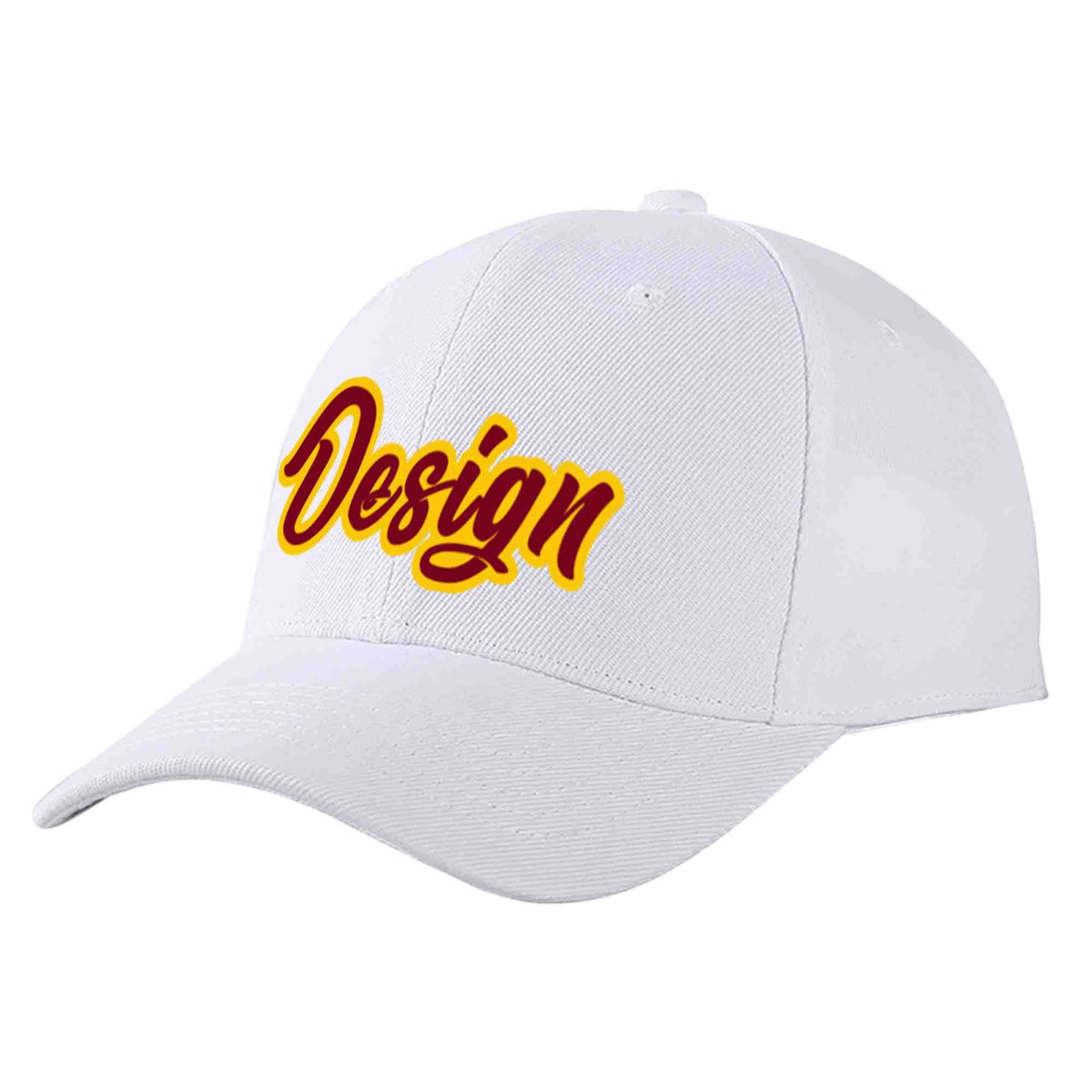 Custom White Crimson-Yellow Curved Eaves Sport Design Baseball Cap