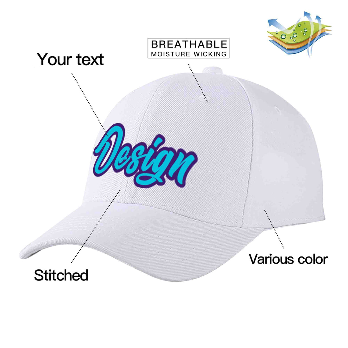 Custom White Light Blue-Purple Curved Eaves Sport Design Baseball Cap