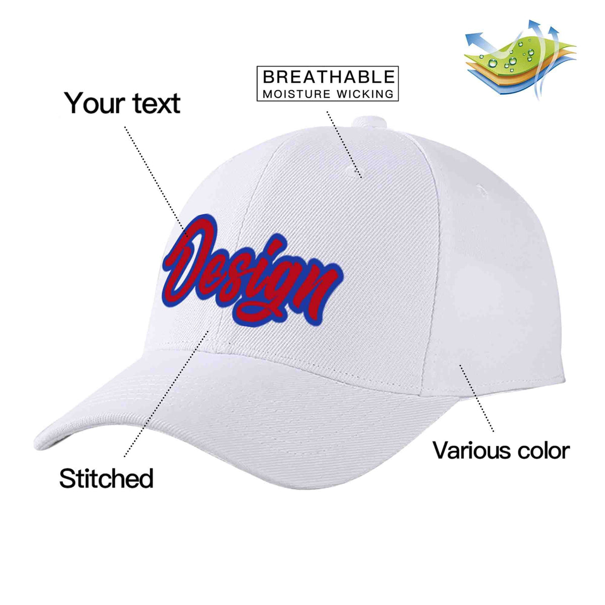 Custom White Red-Royal Curved Eaves Sport Design Baseball Cap