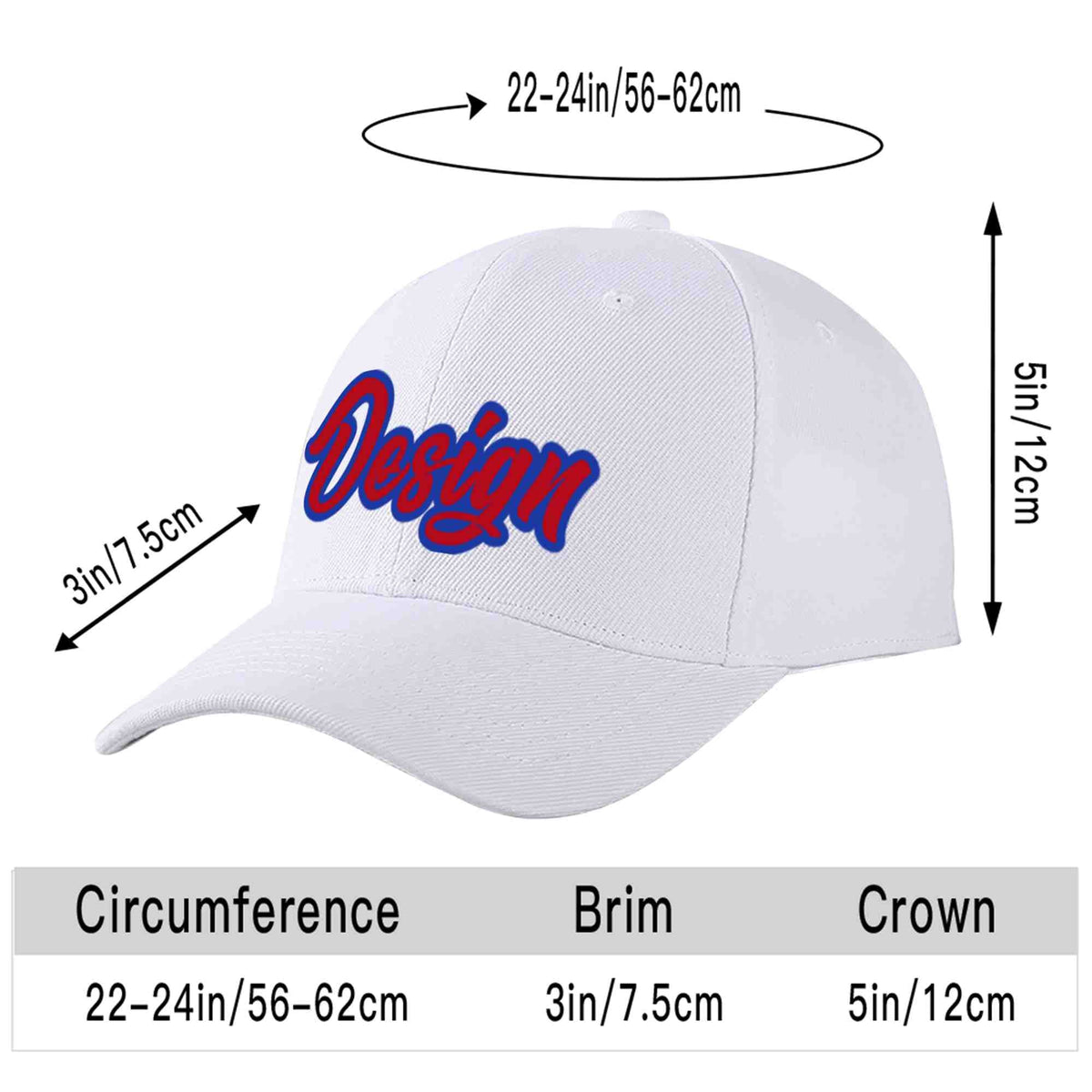 Custom White Red-Royal Curved Eaves Sport Design Baseball Cap