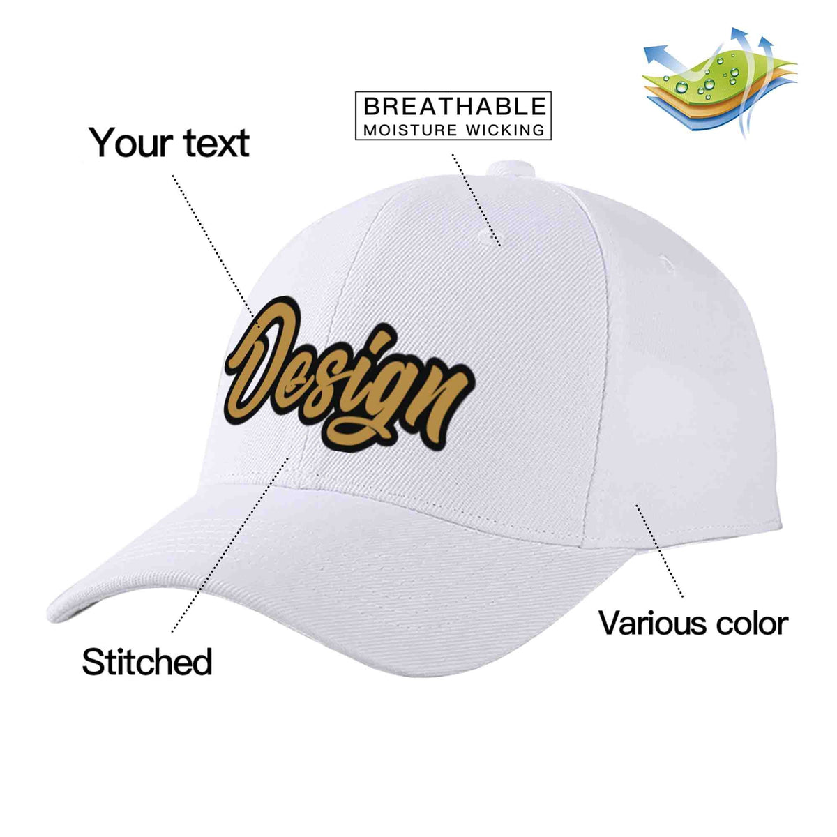 Custom White Old Gold-Black Curved Eaves Sport Design Baseball Cap