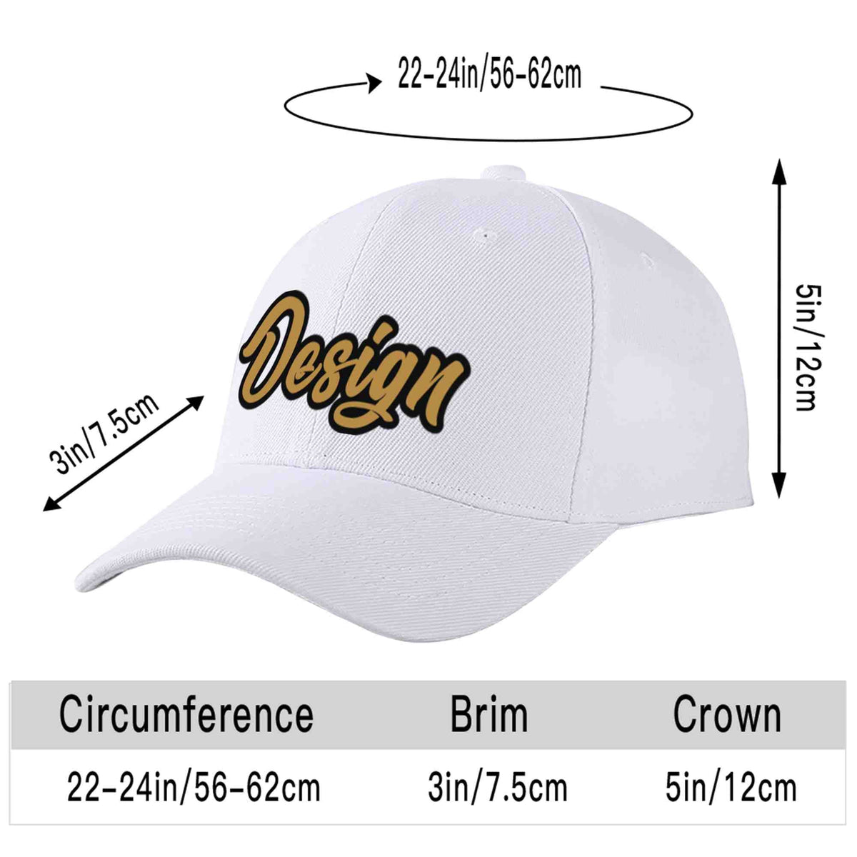 Custom White Old Gold-Black Curved Eaves Sport Design Baseball Cap