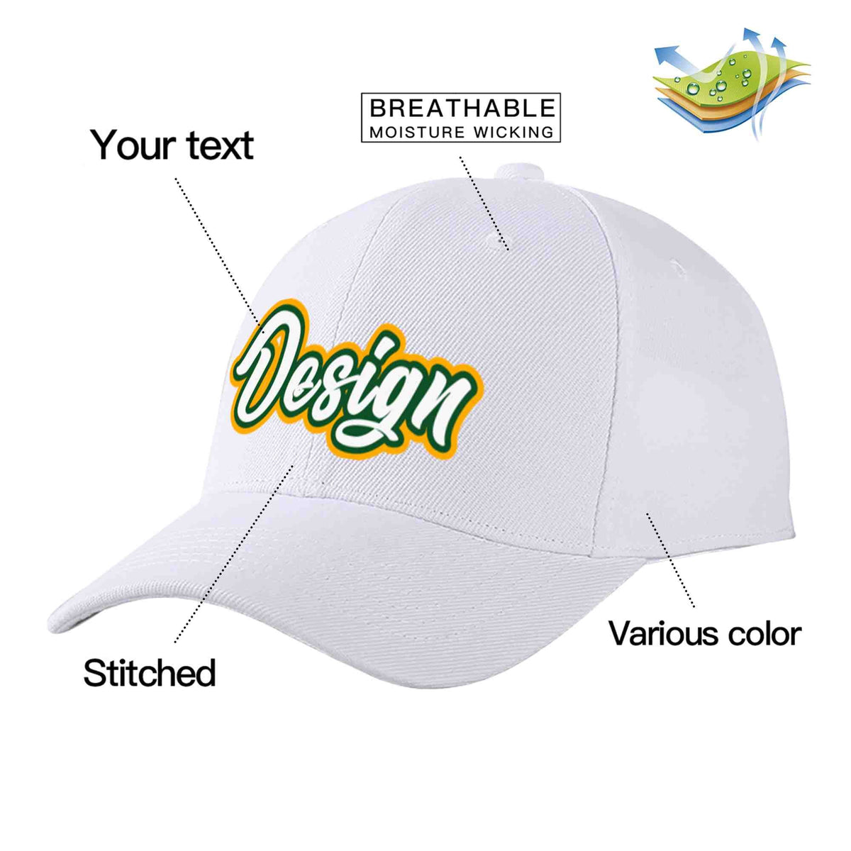 Custom White White-Kelly Green Curved Eaves Sport Design Baseball Cap